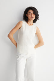 Ekru Toscana Saf İpek Yuvarlak Yaka Kolsuz Bluz