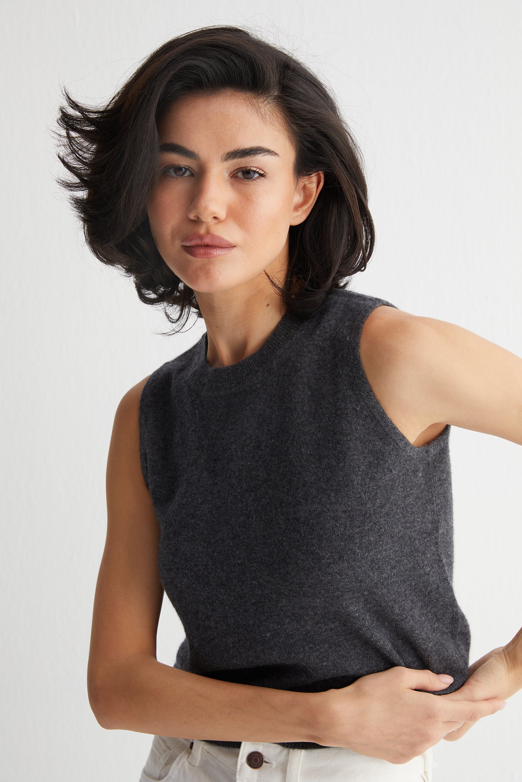 Antrasit Alexia Saf Kaşmir Bisiklet Yaka Kolsuz Triko