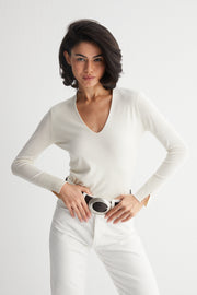 Ekru Zoe İpek Kaşmir Derin V Yaka Triko