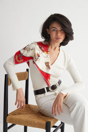 Beyaz Kırmızı Laila Saf İpek Kare Eşarp 50x50 cm