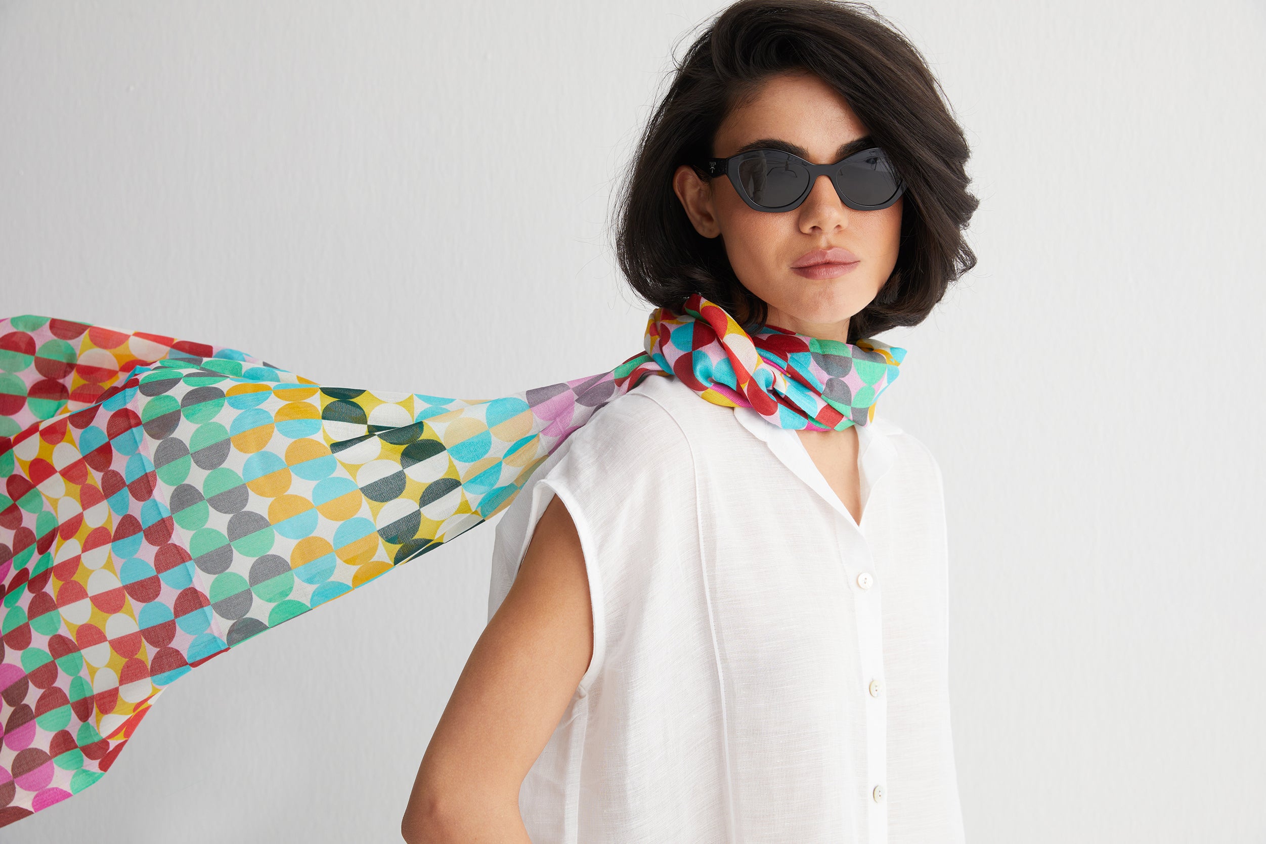 Beyaz Jas İpekli Renkli Desenli Şal 70x180