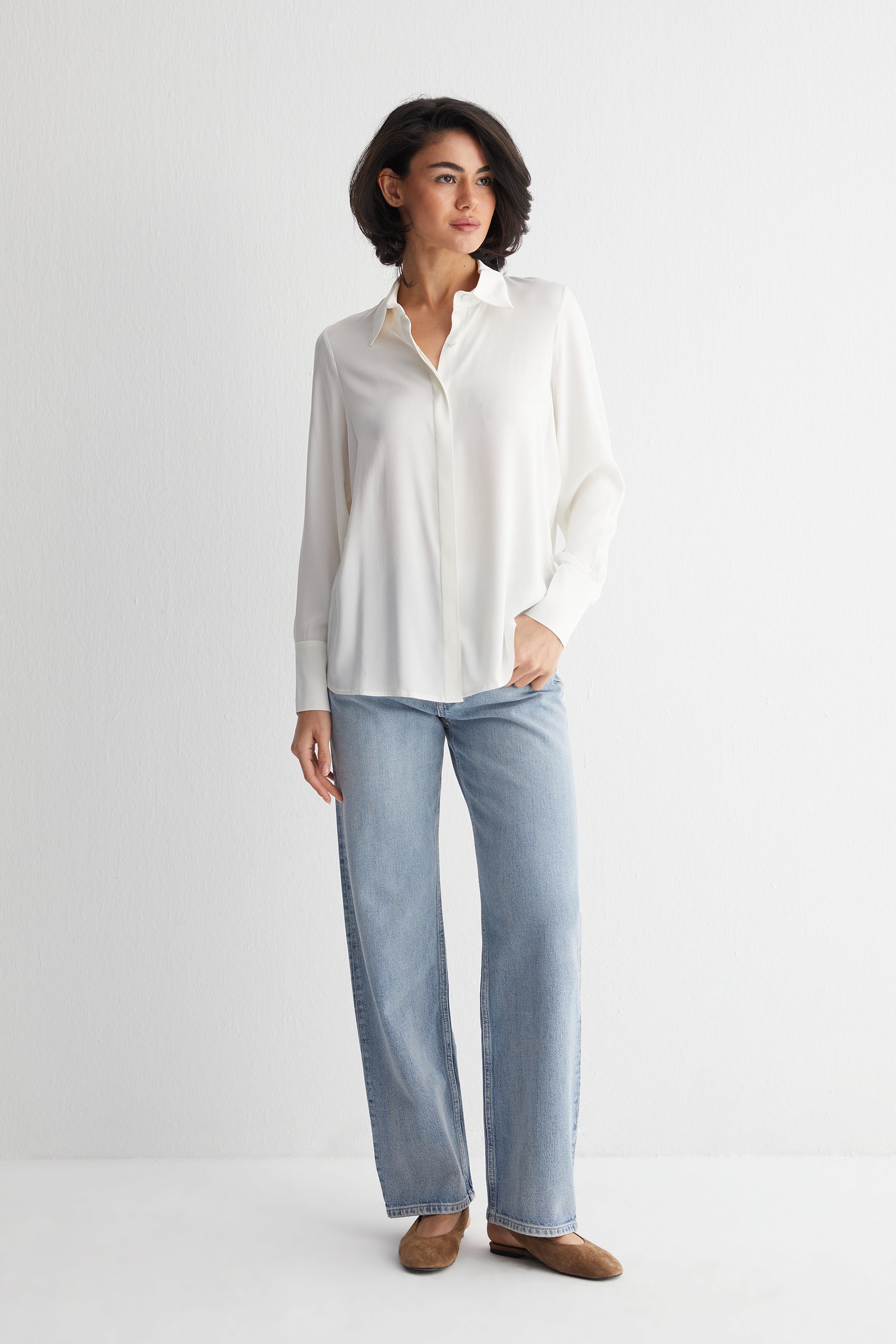 Beyaz Saf İpek Audrey Uzun Kollu Gömlek