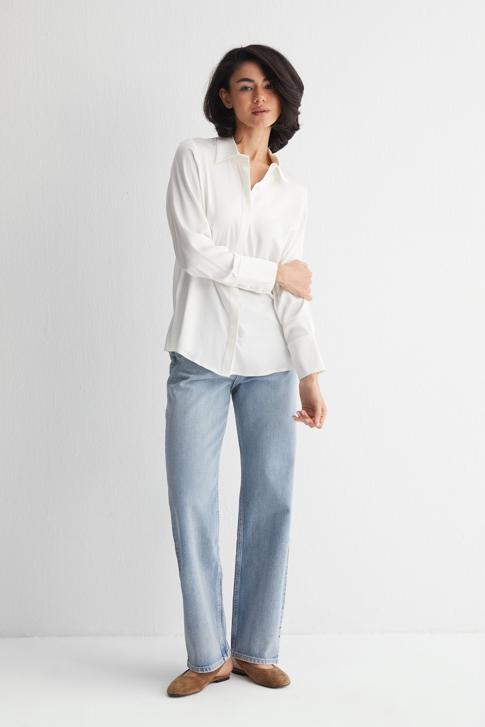 Beyaz Saf İpek Audrey Uzun Kollu Gömlek