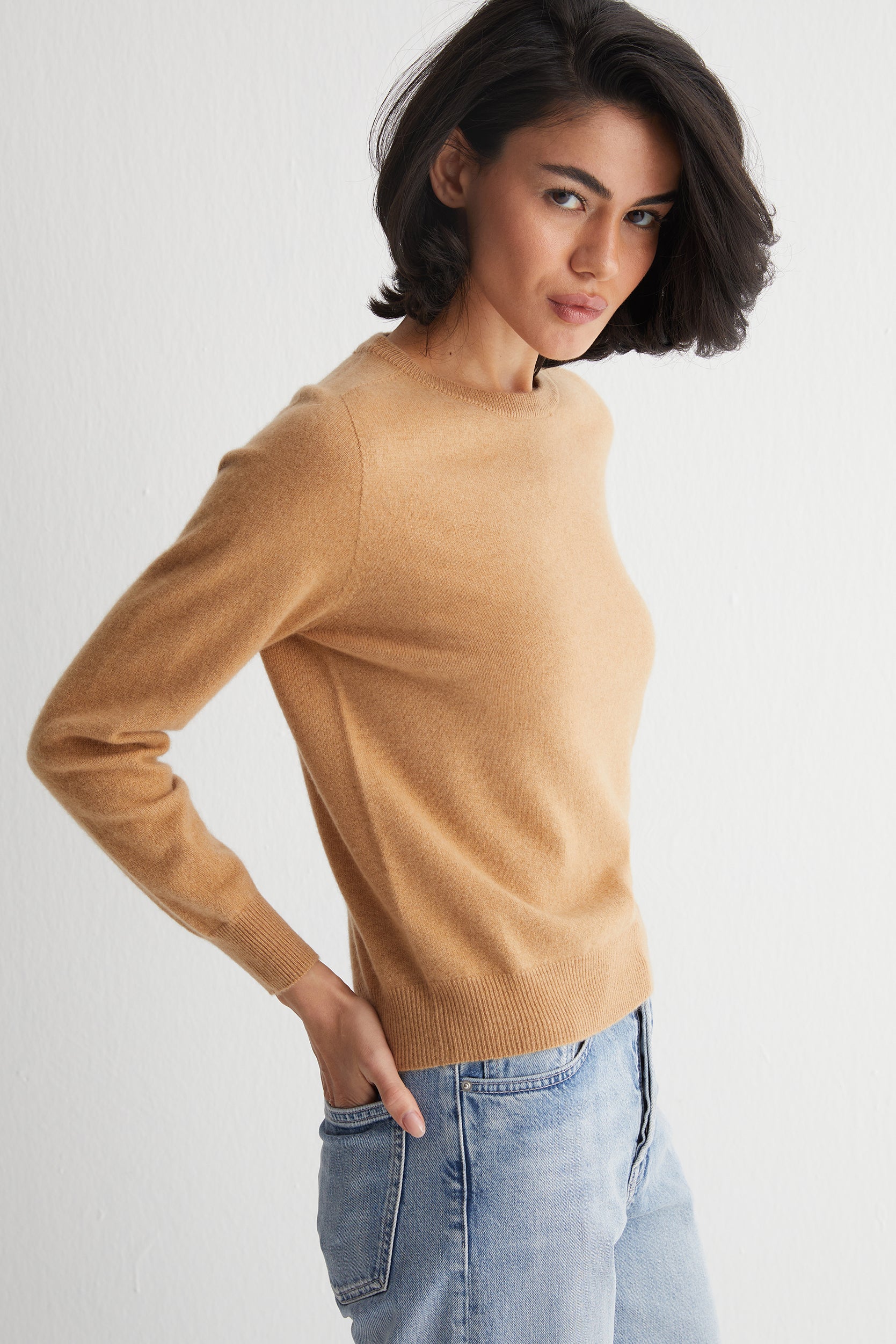 Bej Alexia Saf Kaşmir Bisiklet Yaka Kazak