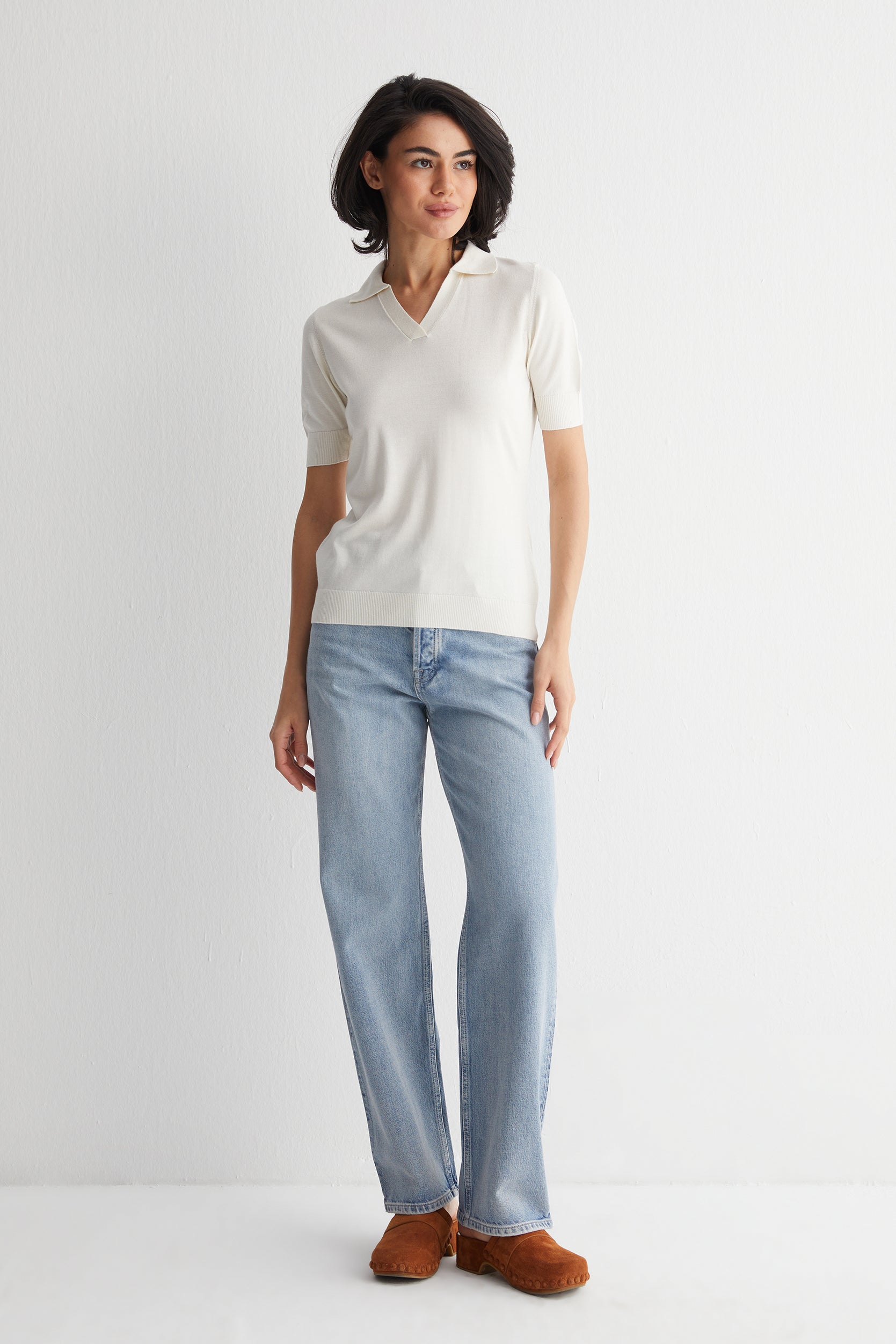 Ekru Zoe İpek Kaşmir Kısa Kollu Polo