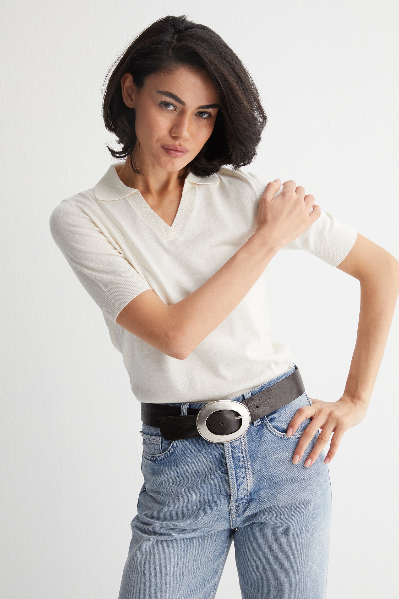 Ekru Zoe İpek Kaşmir Kısa Kollu Polo