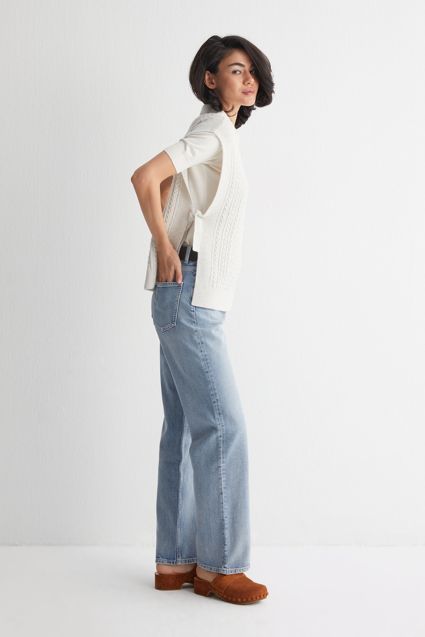 Ekru Melanj Laura Yuvarlak Yaka Yelek