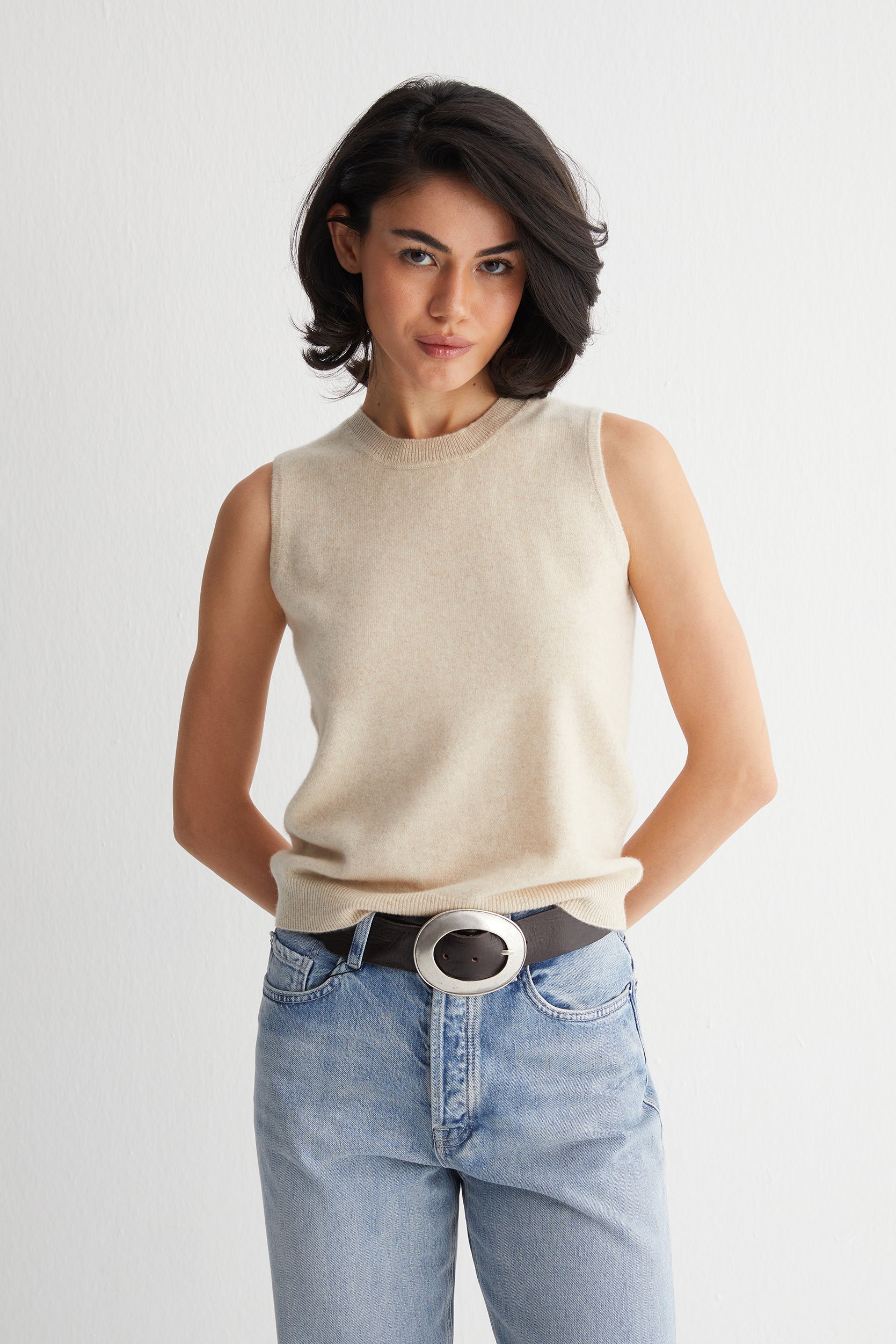 Açık Bej Alexia Saf Kaşmir Bisiklet Yaka Kolsuz Triko