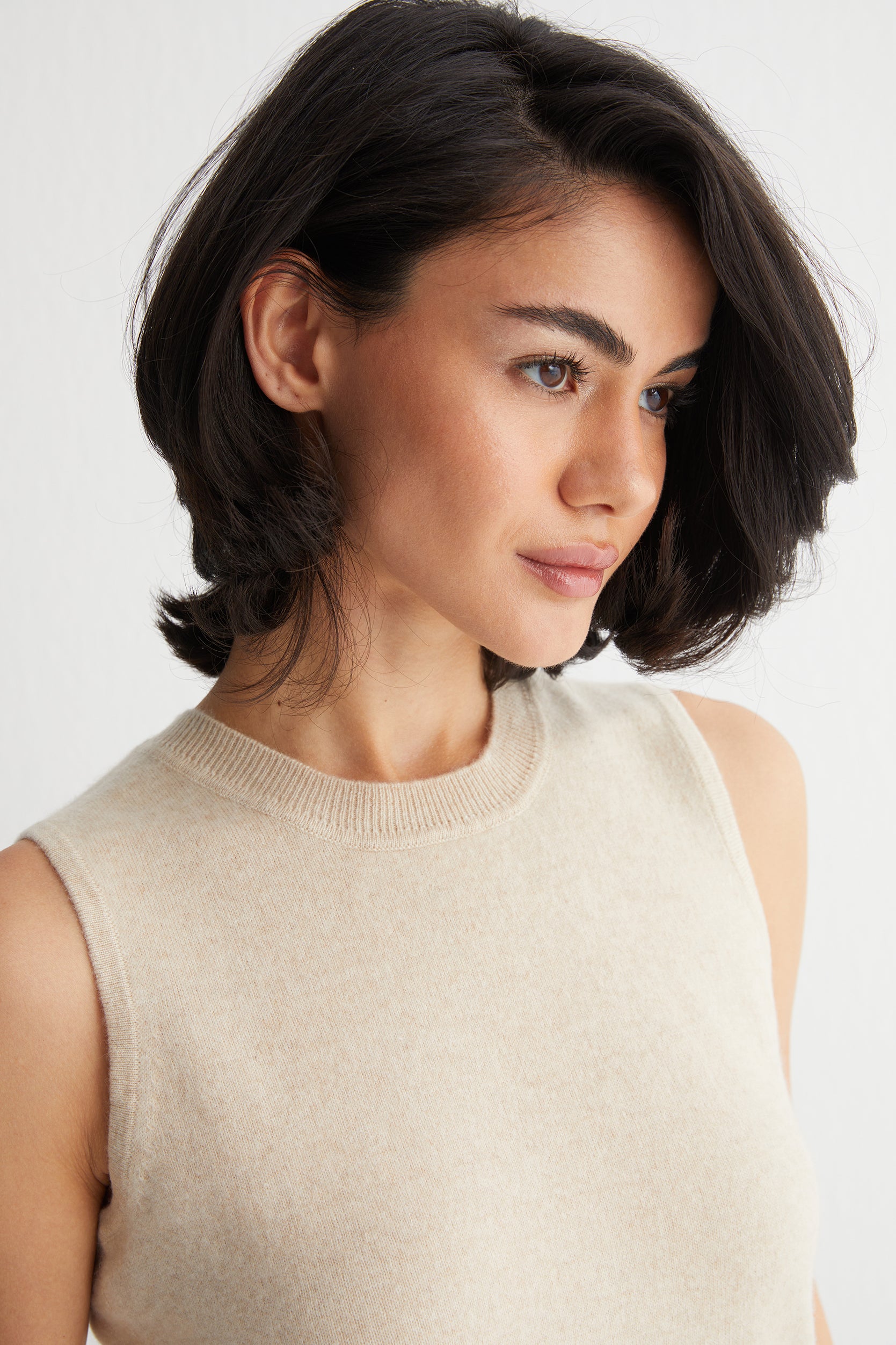 Açık Bej Alexia Saf Kaşmir Bisiklet Yaka Kolsuz Triko