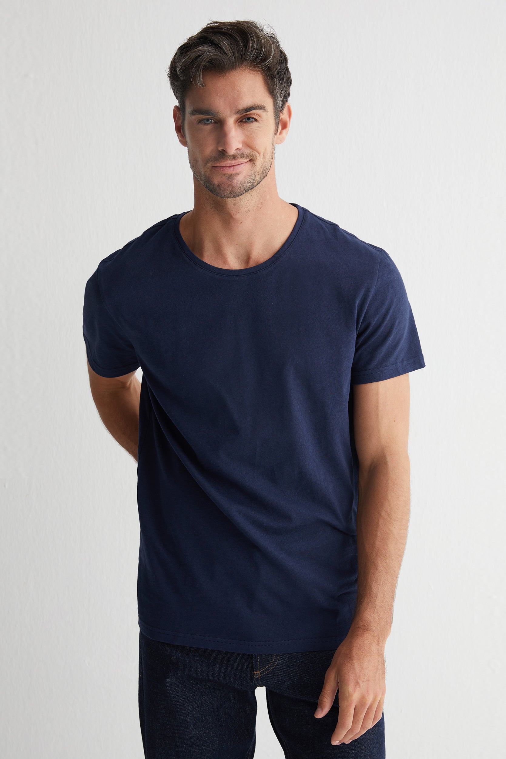 Lacivert Saf Pamuk Marc Yuvarlak Yaka Erkek Basic Tişört