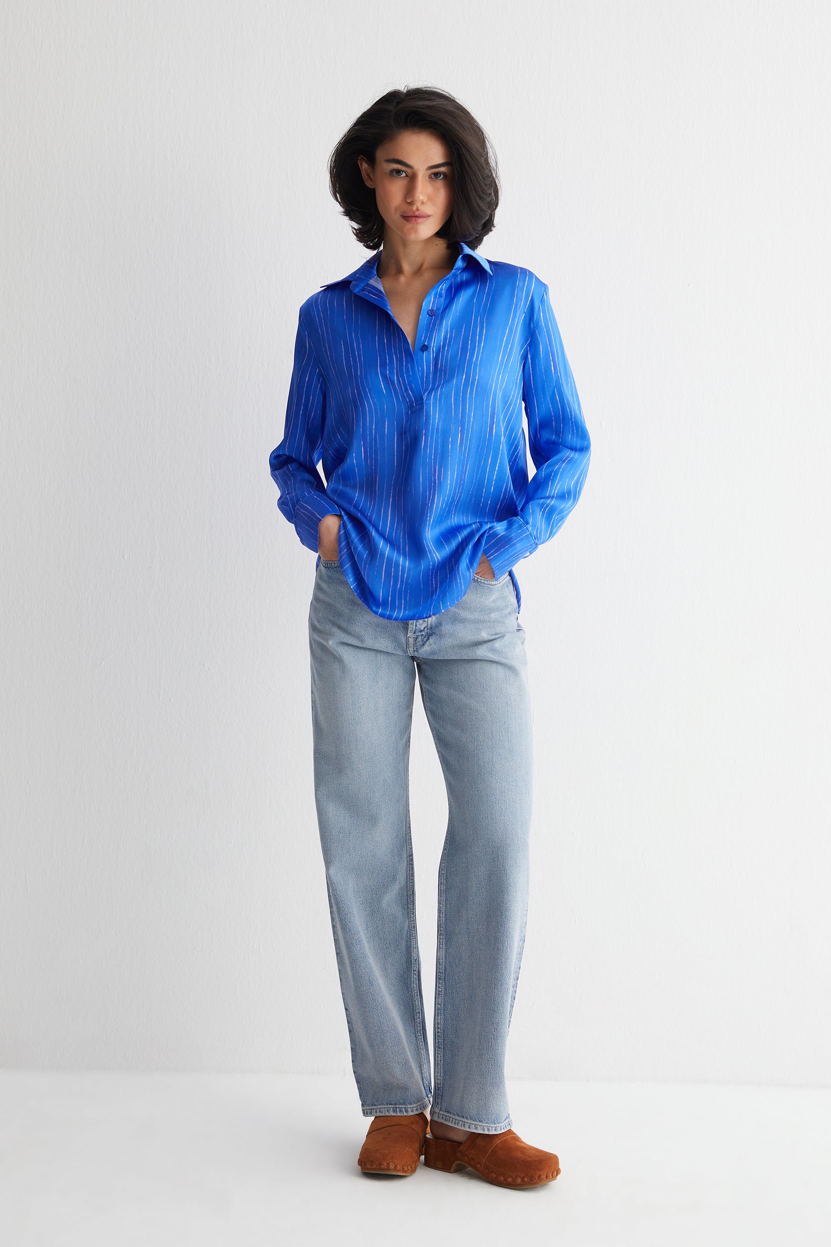 Lacivert Nature İpek Baskılı Bluz