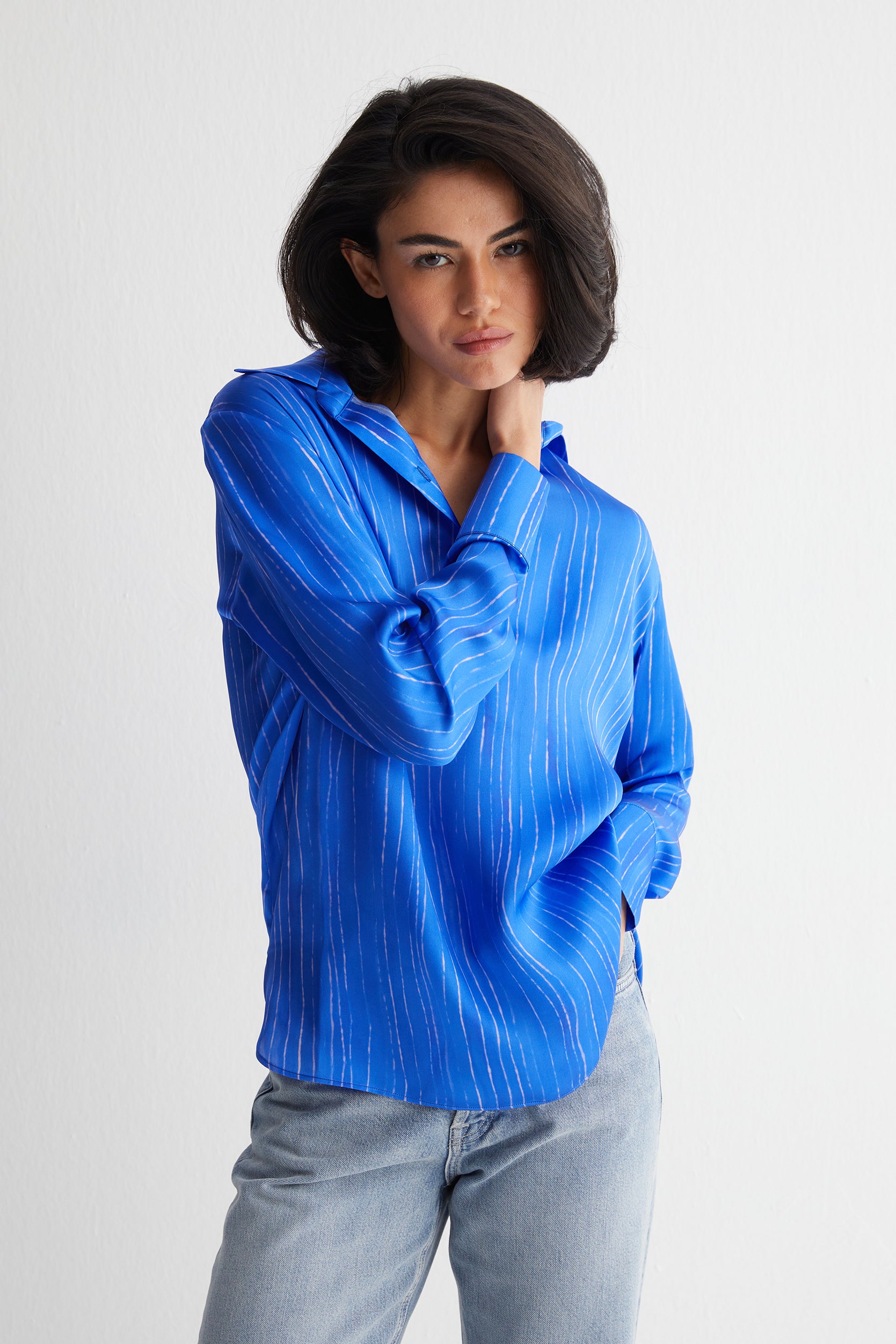 Lacivert Nature İpek Baskılı Bluz