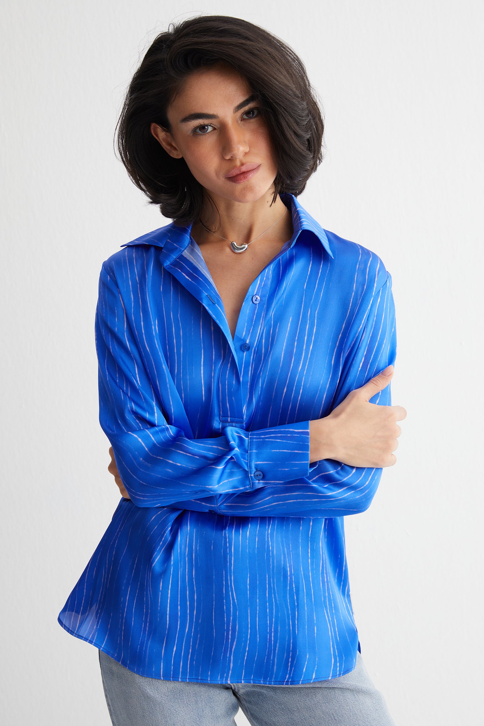 Lacivert Nature İpek Baskılı Bluz