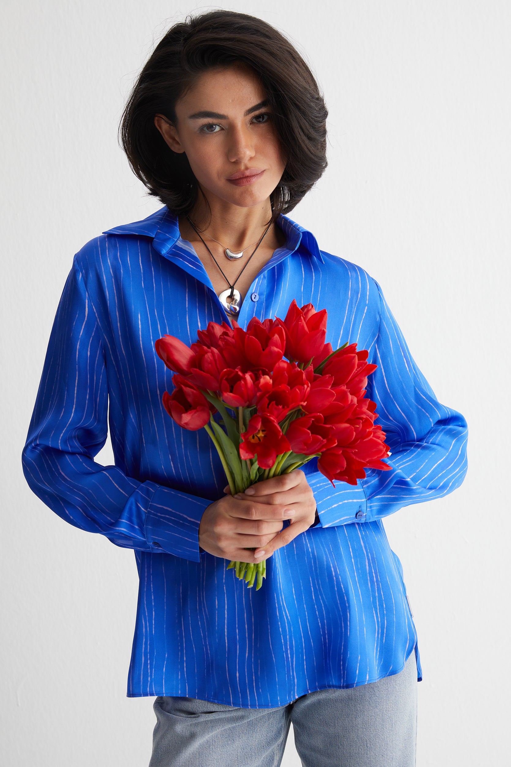 Lacivert Nature İpek Baskılı Bluz