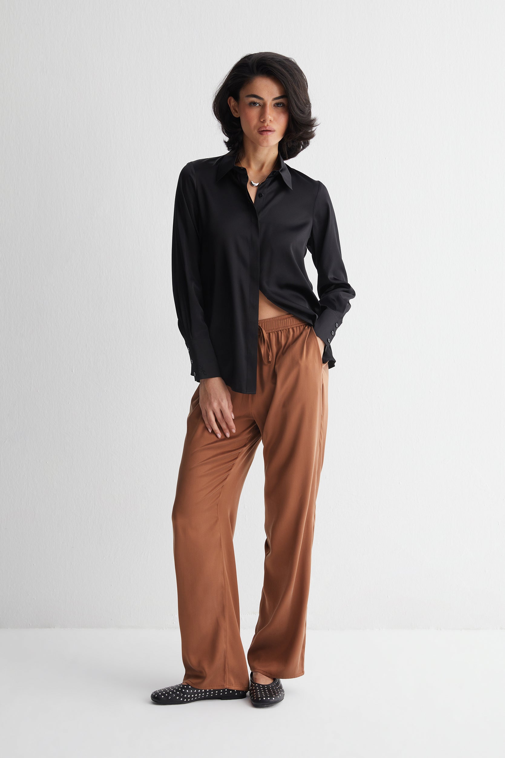 Kahverengi Astrid Saf İpek Pantolon