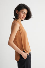 Kahverengi Toscana İpek Yuvarlak Yaka Rahat Kesim Bluz