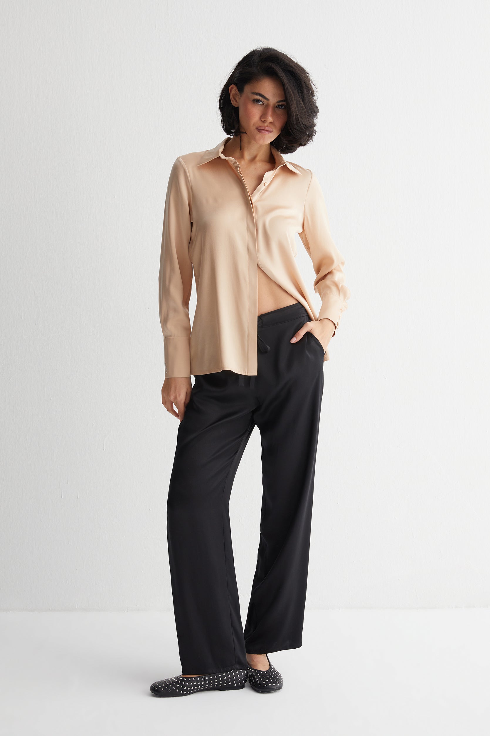 Altın Saf İpek Audrey Uzun Kollu Gömlek