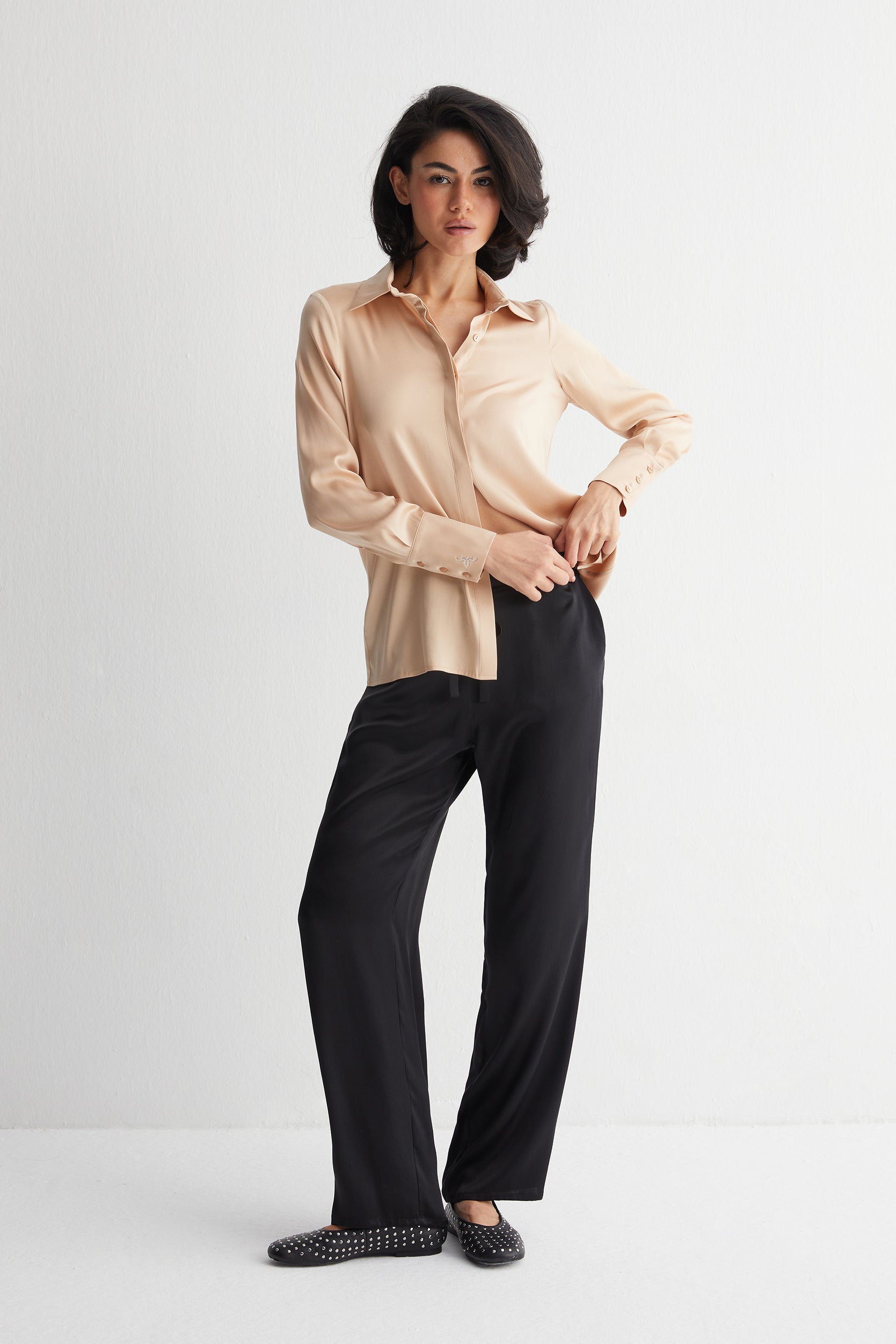 Altın Saf İpek Audrey Uzun Kollu Gömlek