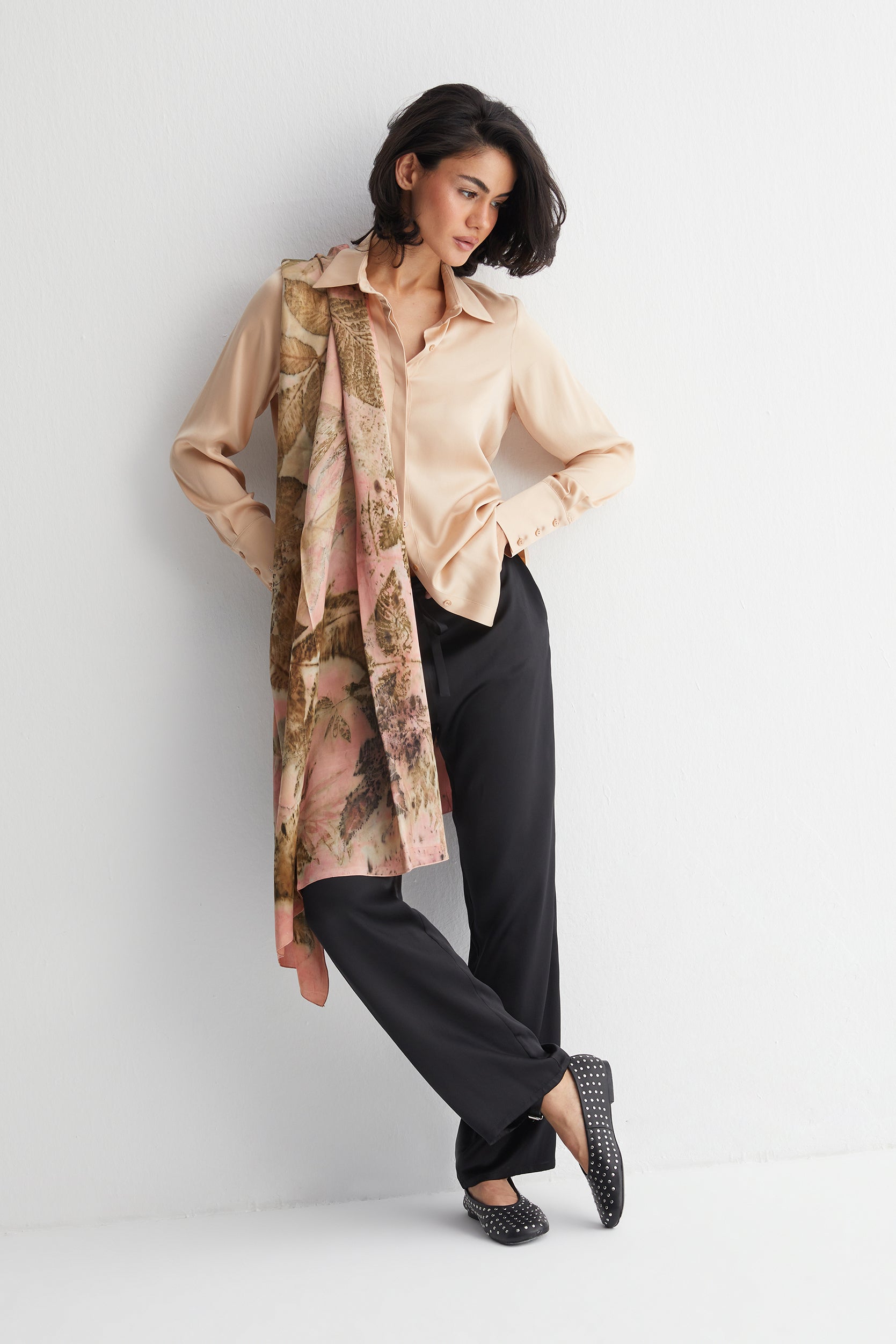 Altın Saf İpek Audrey Uzun Kollu Gömlek