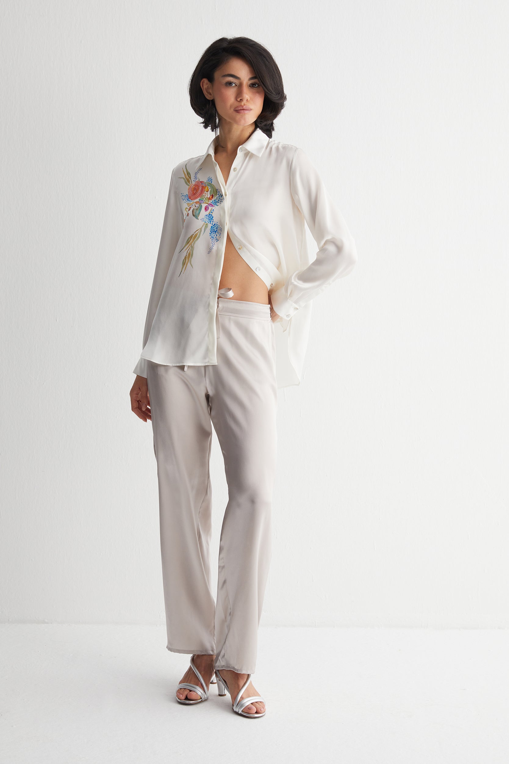 Beyaz Nature Saf İpek Baskılı Gömlek