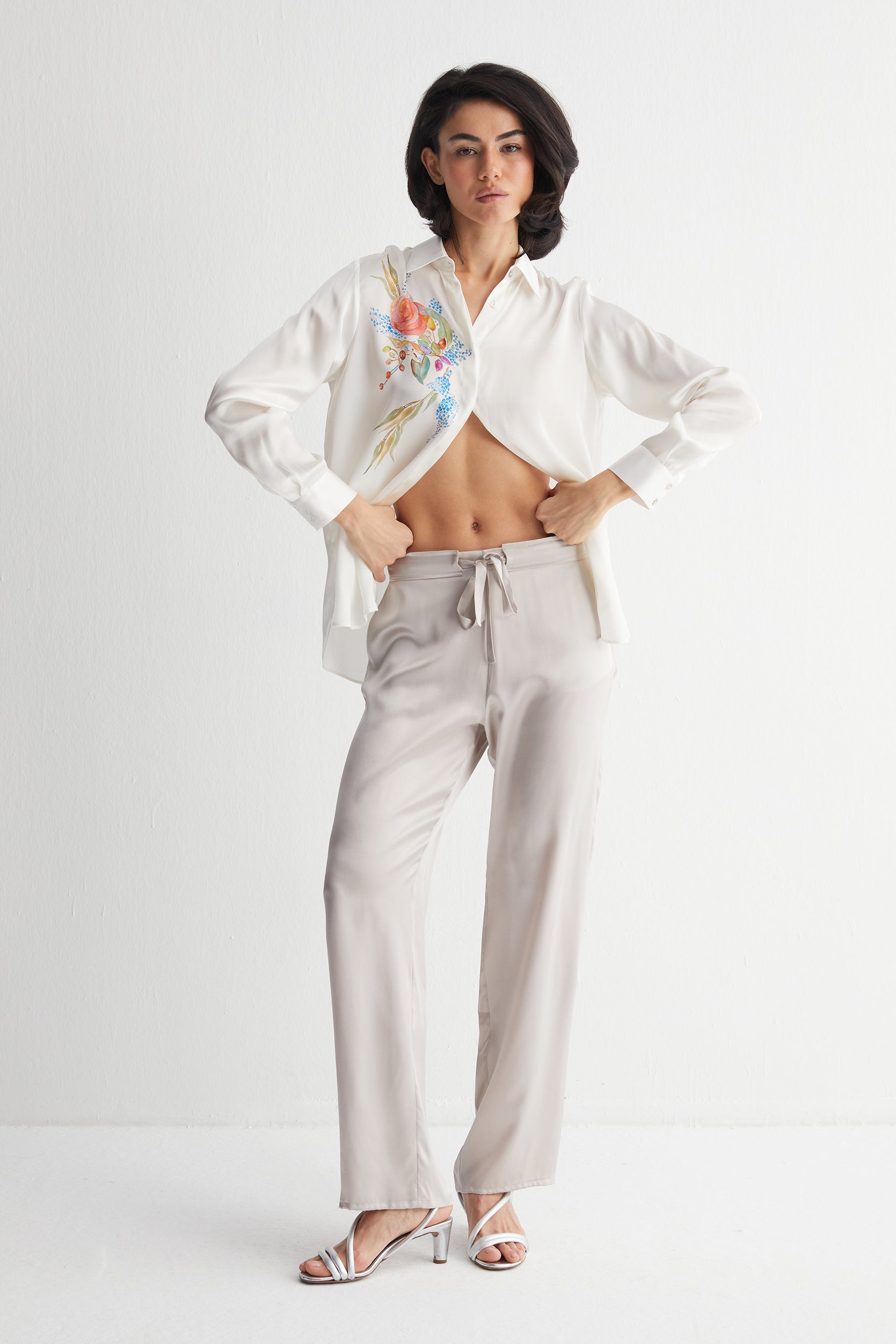 Beyaz Nature Saf İpek Baskılı Gömlek