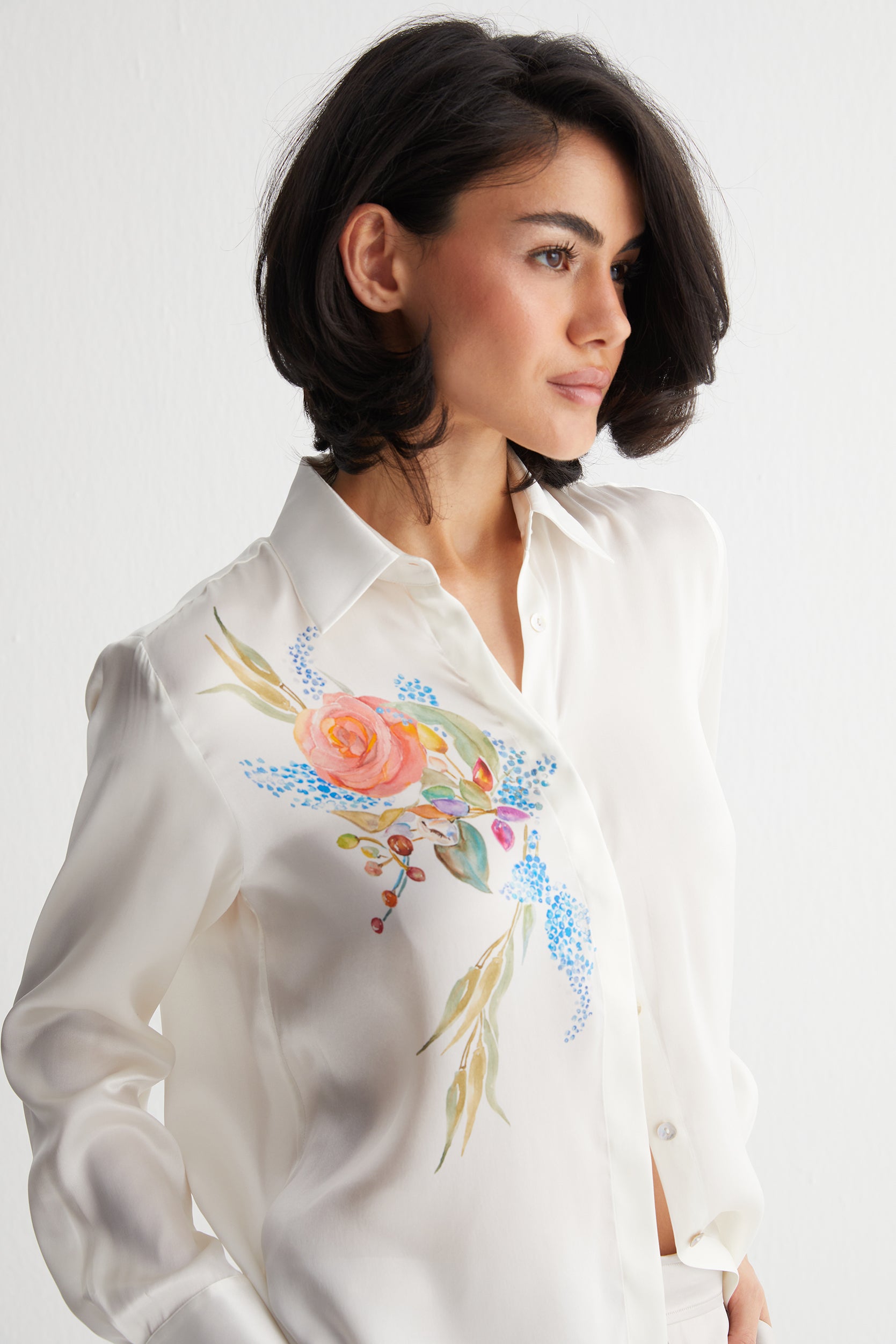 Beyaz Nature Saf İpek Baskılı Gömlek