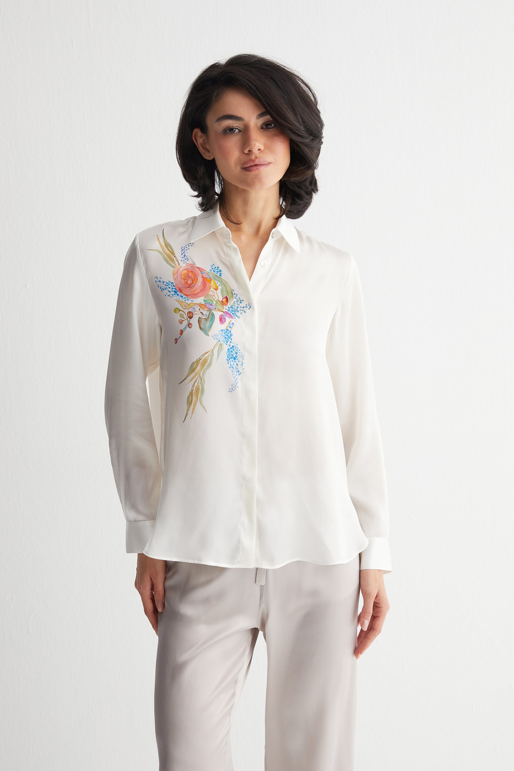 Beyaz Nature Saf İpek Baskılı Gömlek