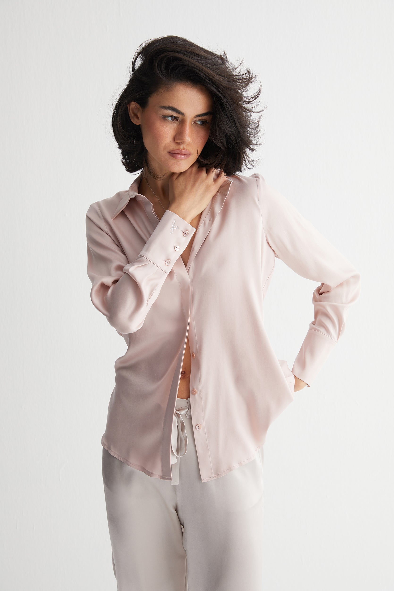 Gül Kurusu Saf İpek Audrey Uzun Kollu Gömlek