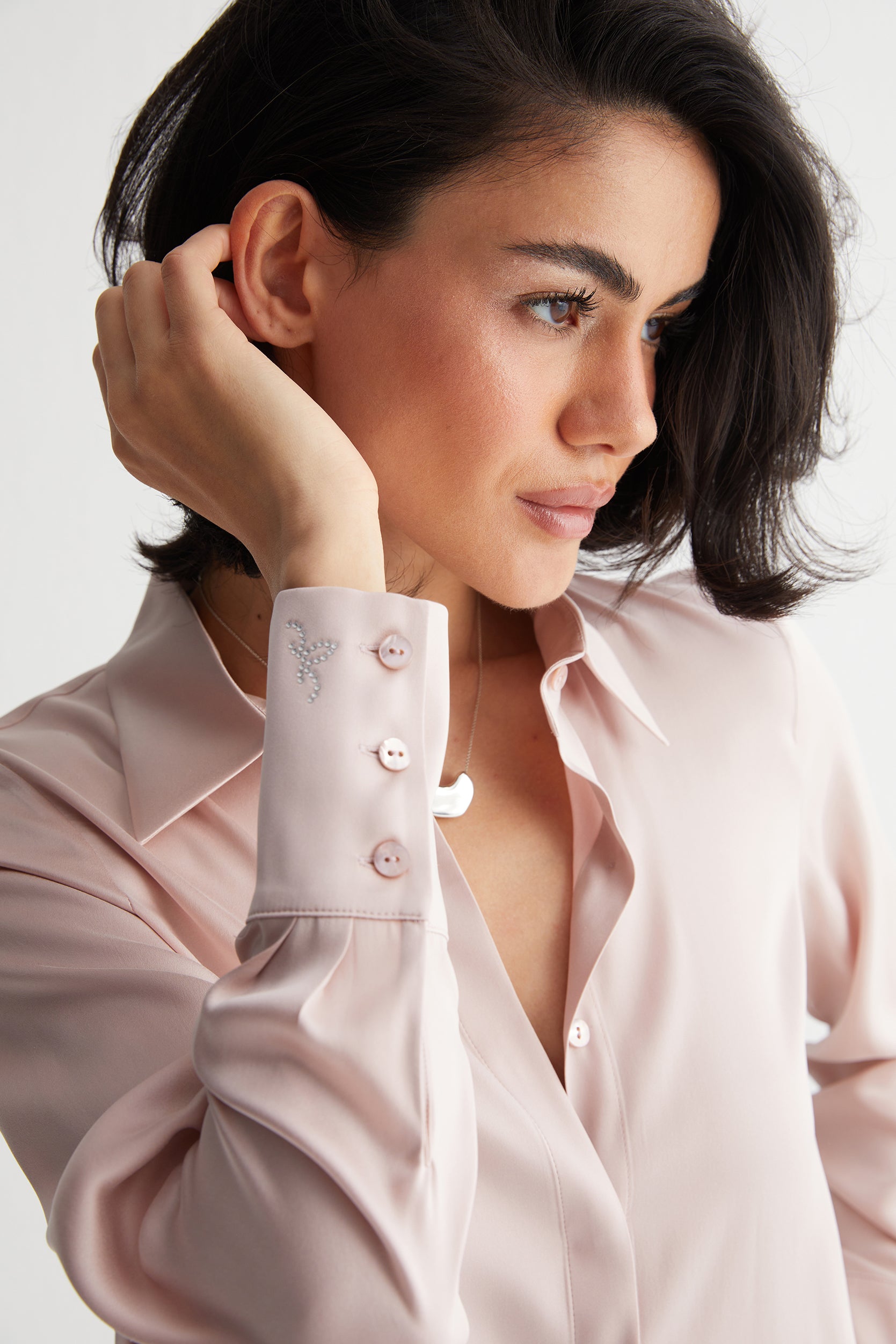 Gül Kurusu Saf İpek Audrey Uzun Kollu Gömlek