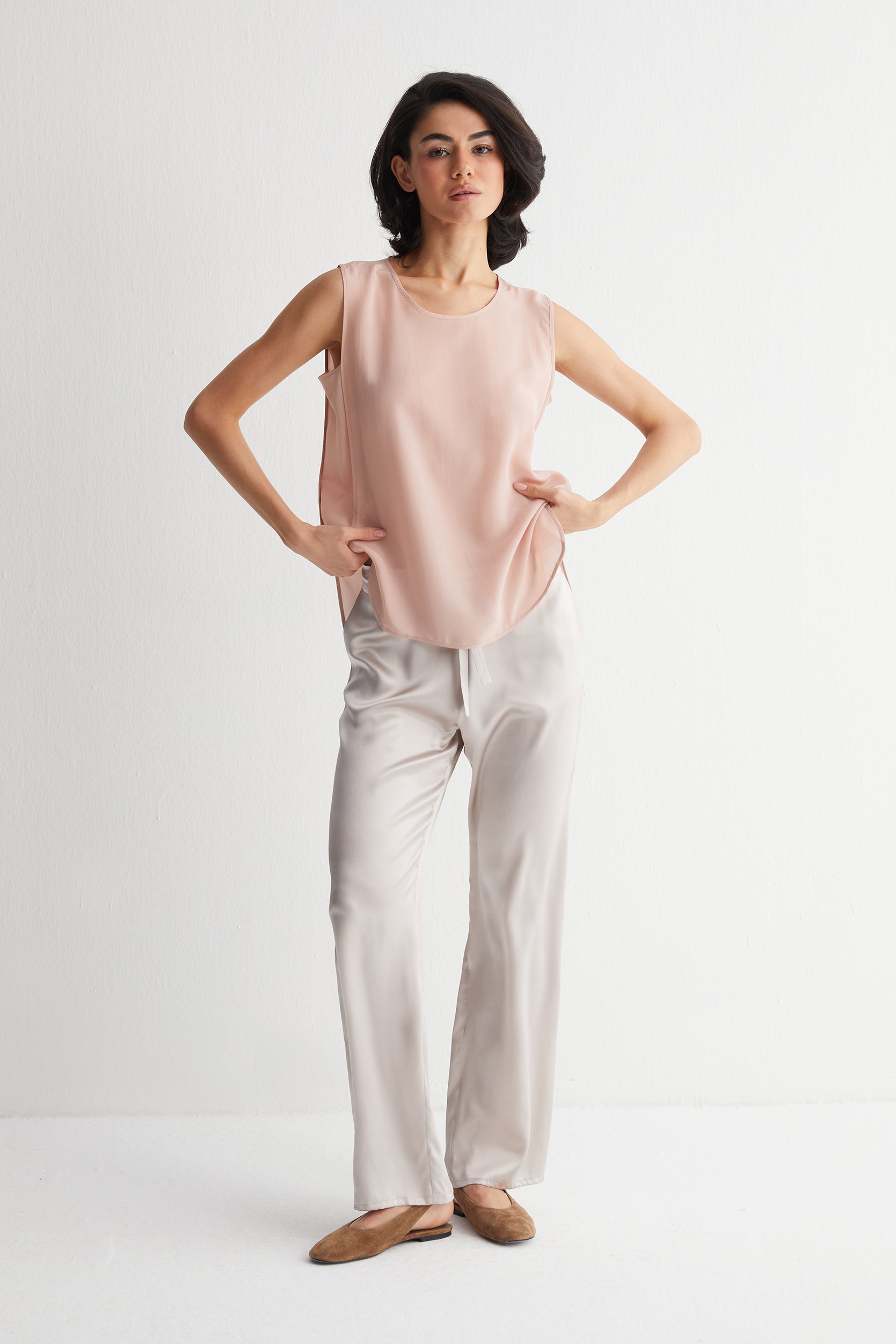 Gül Kurusu Toscana Saf İpek Kolsuz Tunik