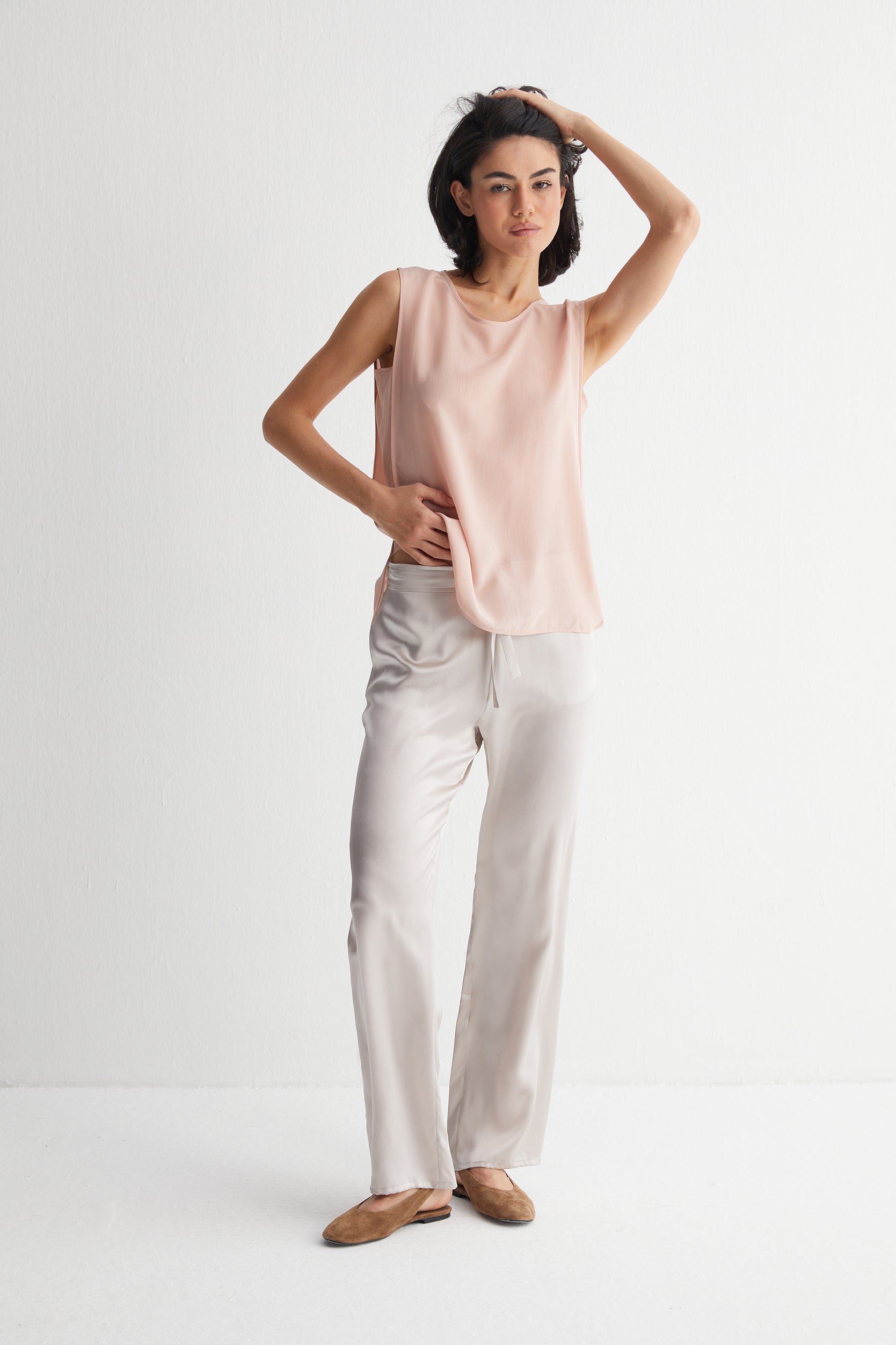 Gül Kurusu Toscana Saf İpek Kolsuz Tunik