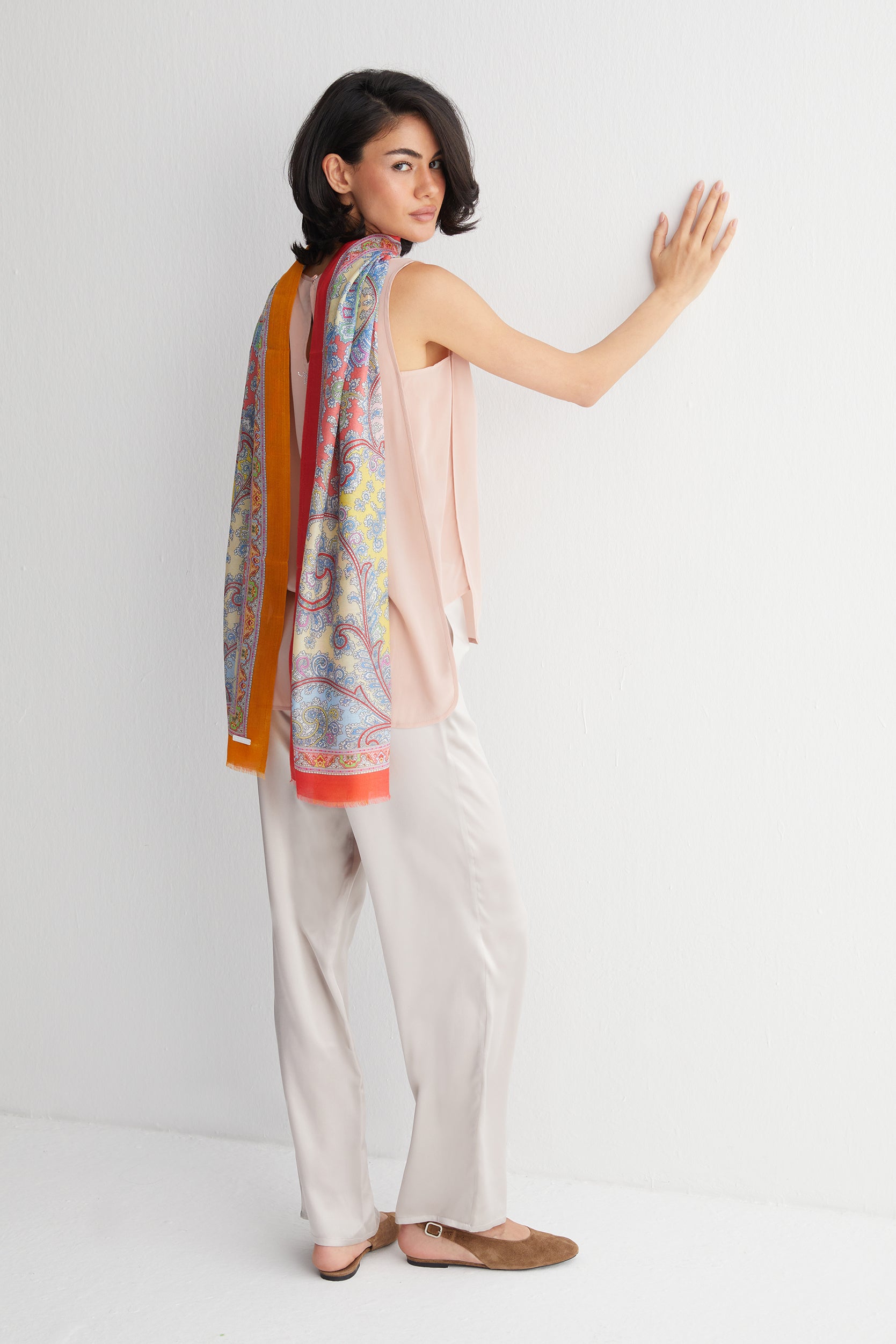 Turuncu Jas İpekli Renkli Desenli Şal 70x180