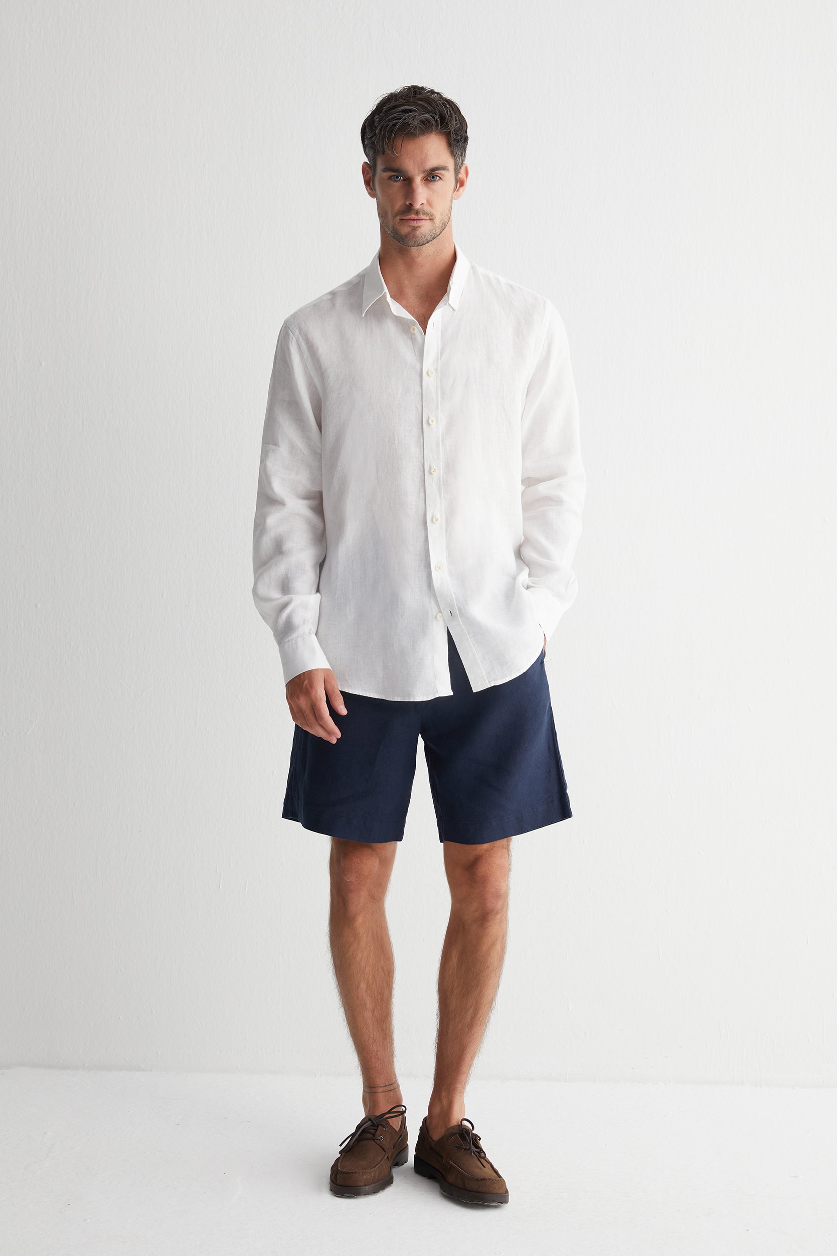 Beyaz Leon Keten Erkek Gömlek