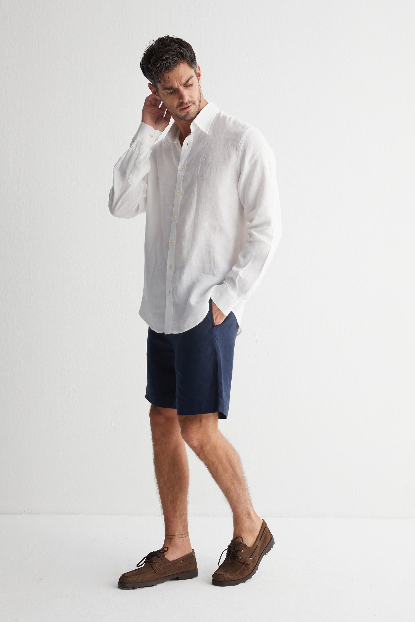 Beyaz Leon Keten Erkek Gömlek