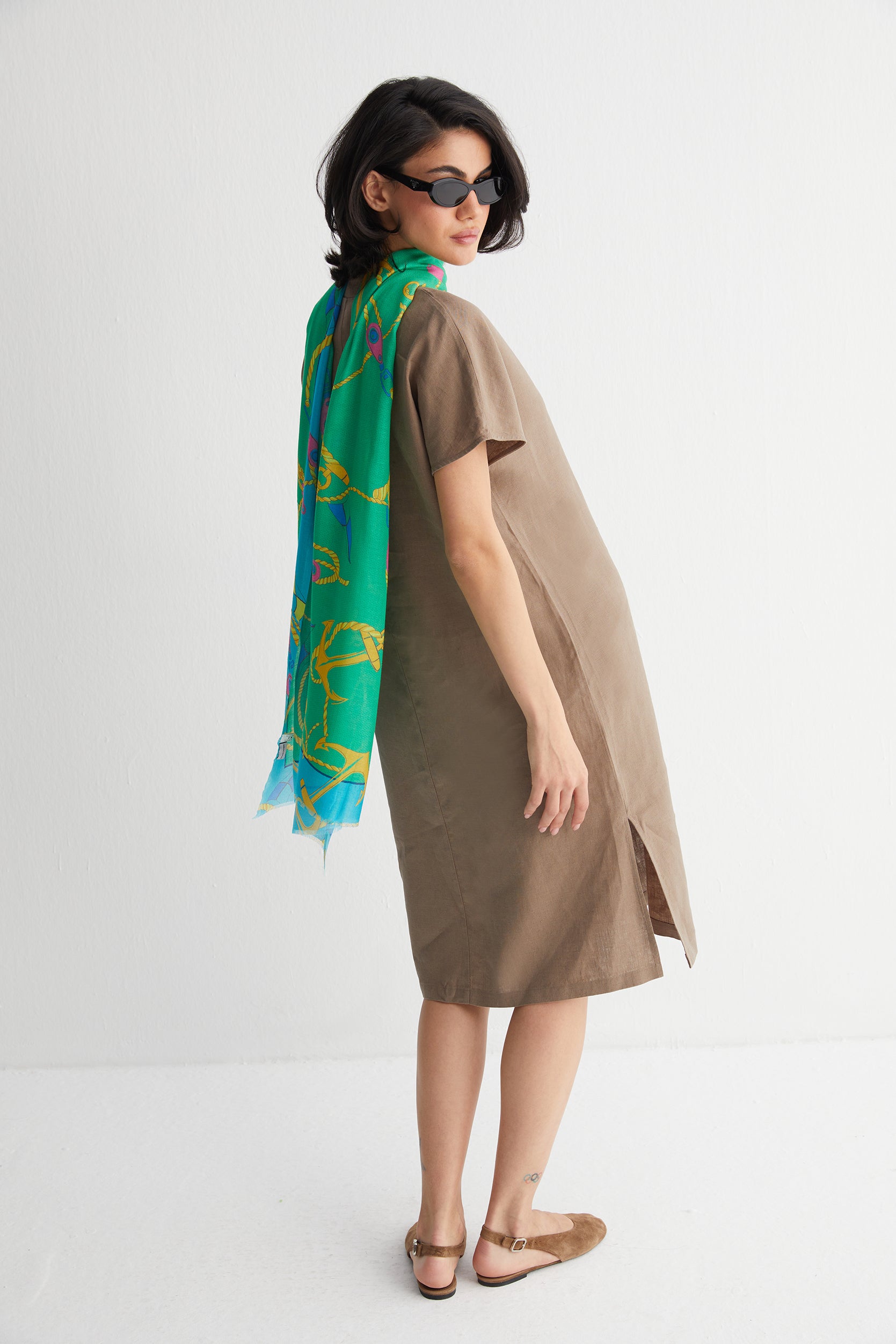 Yeşil Jas İpekli Renkli Desenli Şal 70x180