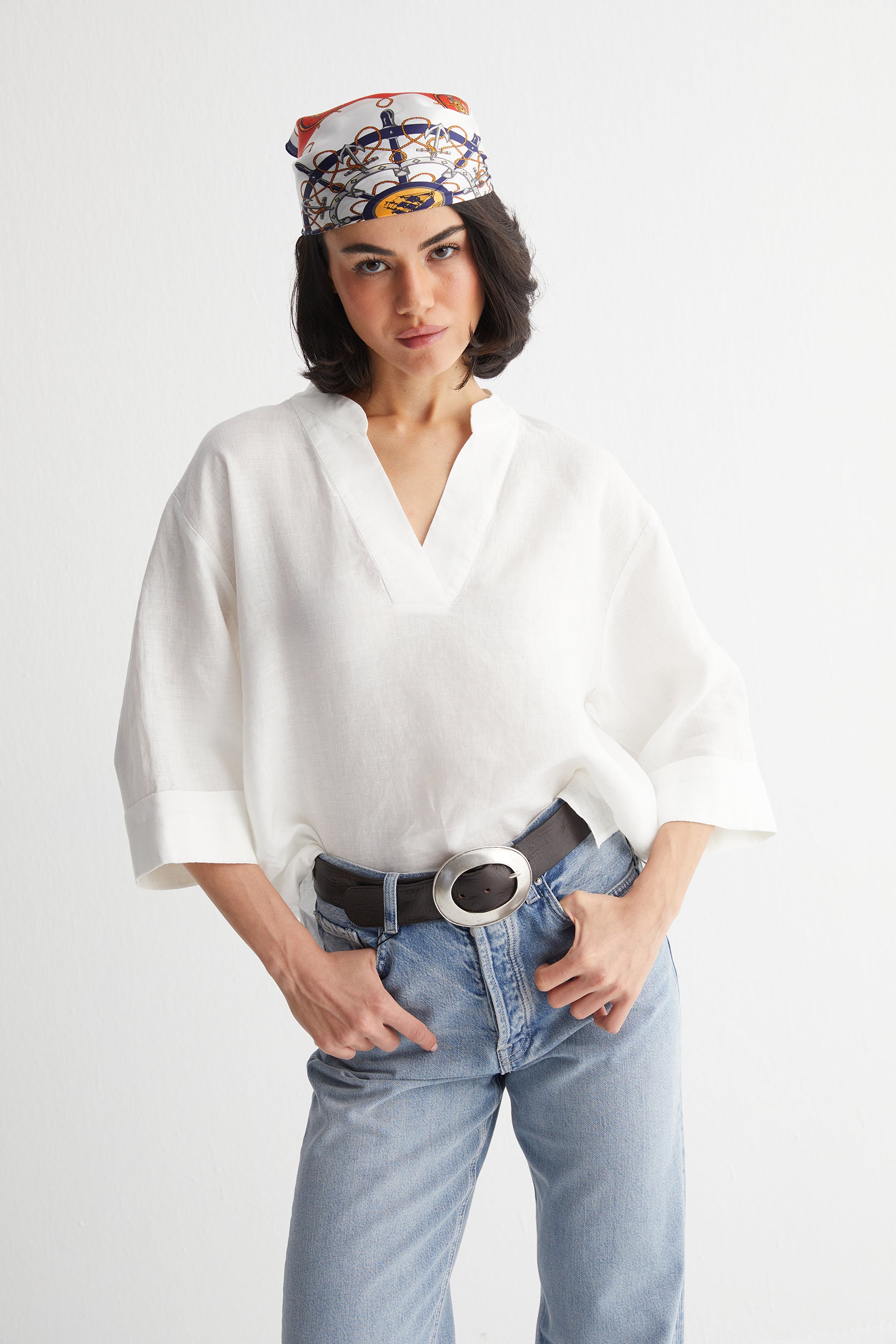 Lacivert-Kırmızı Laila Saf İpek Kare Eşarp 50x50 cm