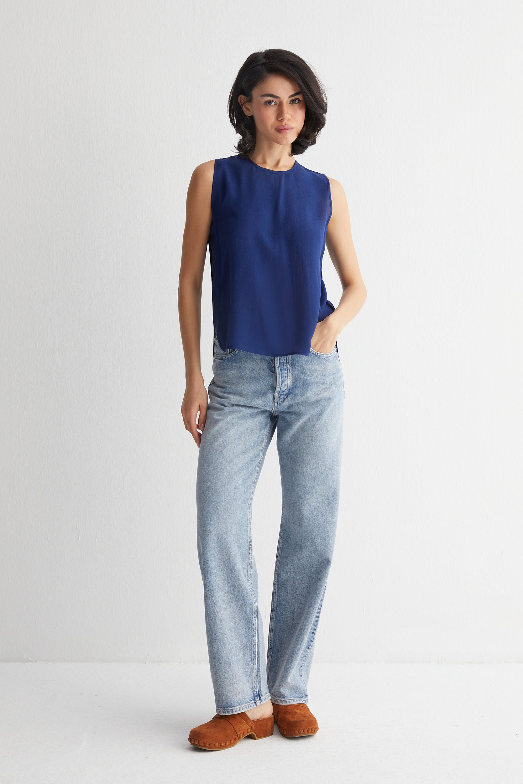 Lacivert Toscana İpek Yuvarlak Yaka Rahat Kesim Bluz