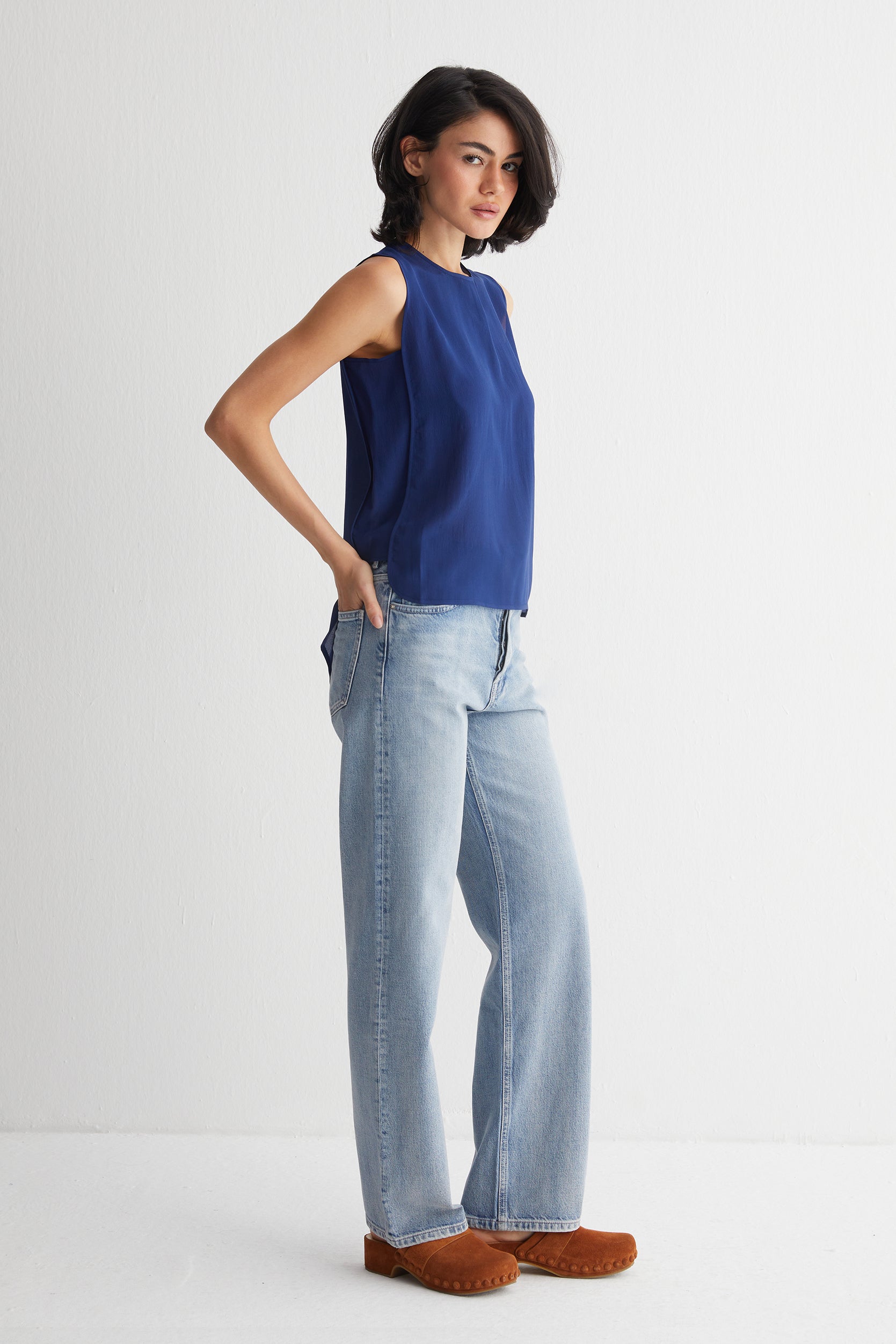 Lacivert Toscana İpek Yuvarlak Yaka Rahat Kesim Bluz