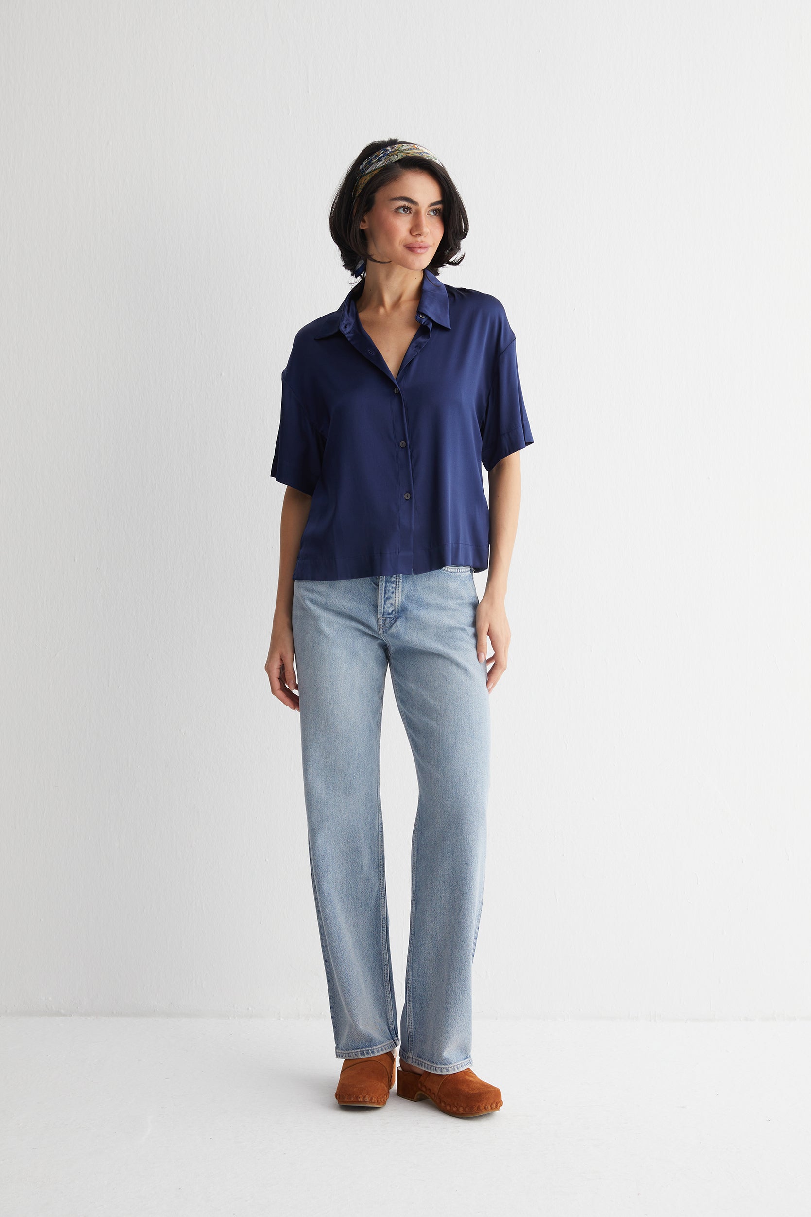 Lacivert Toscana İpek Kısa Kollu Gömlek