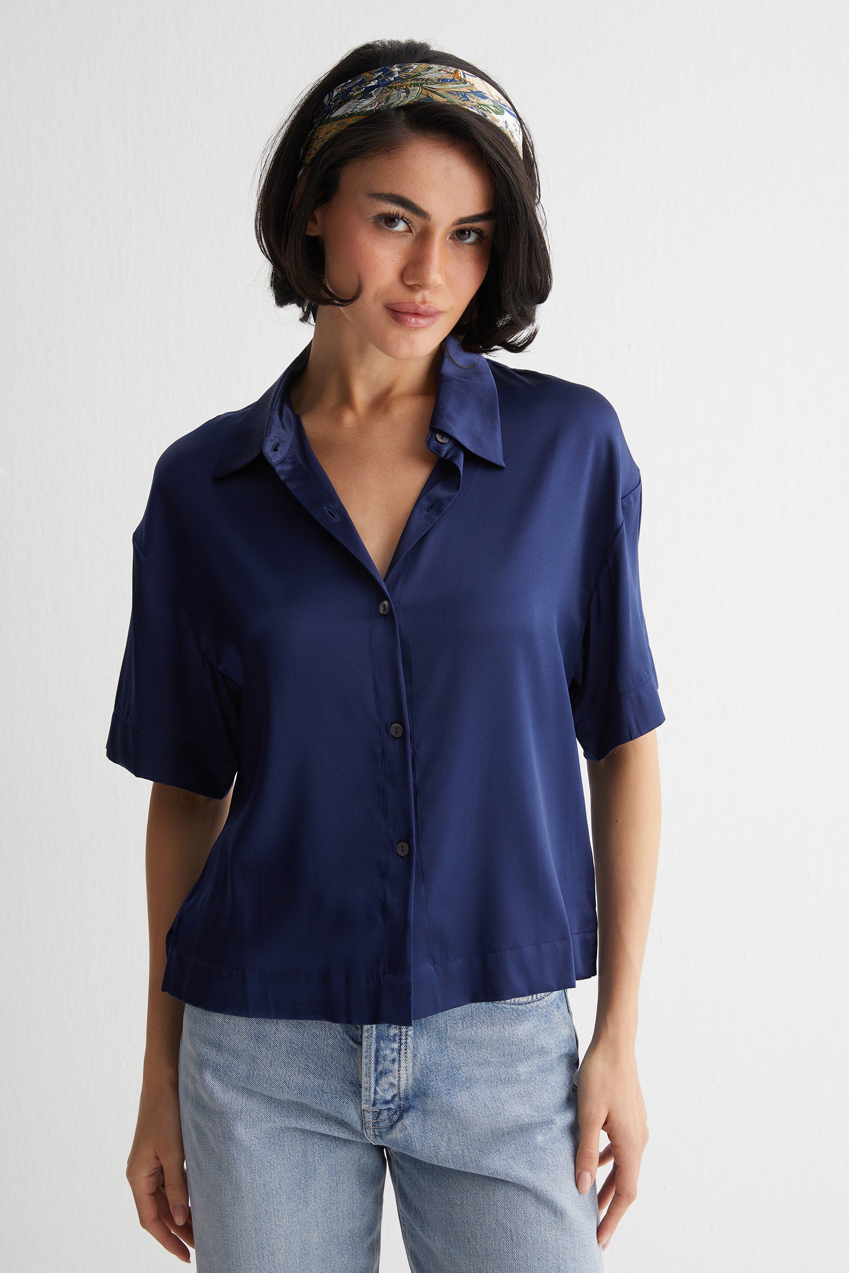 Lacivert Toscana İpek Kısa Kollu Gömlek