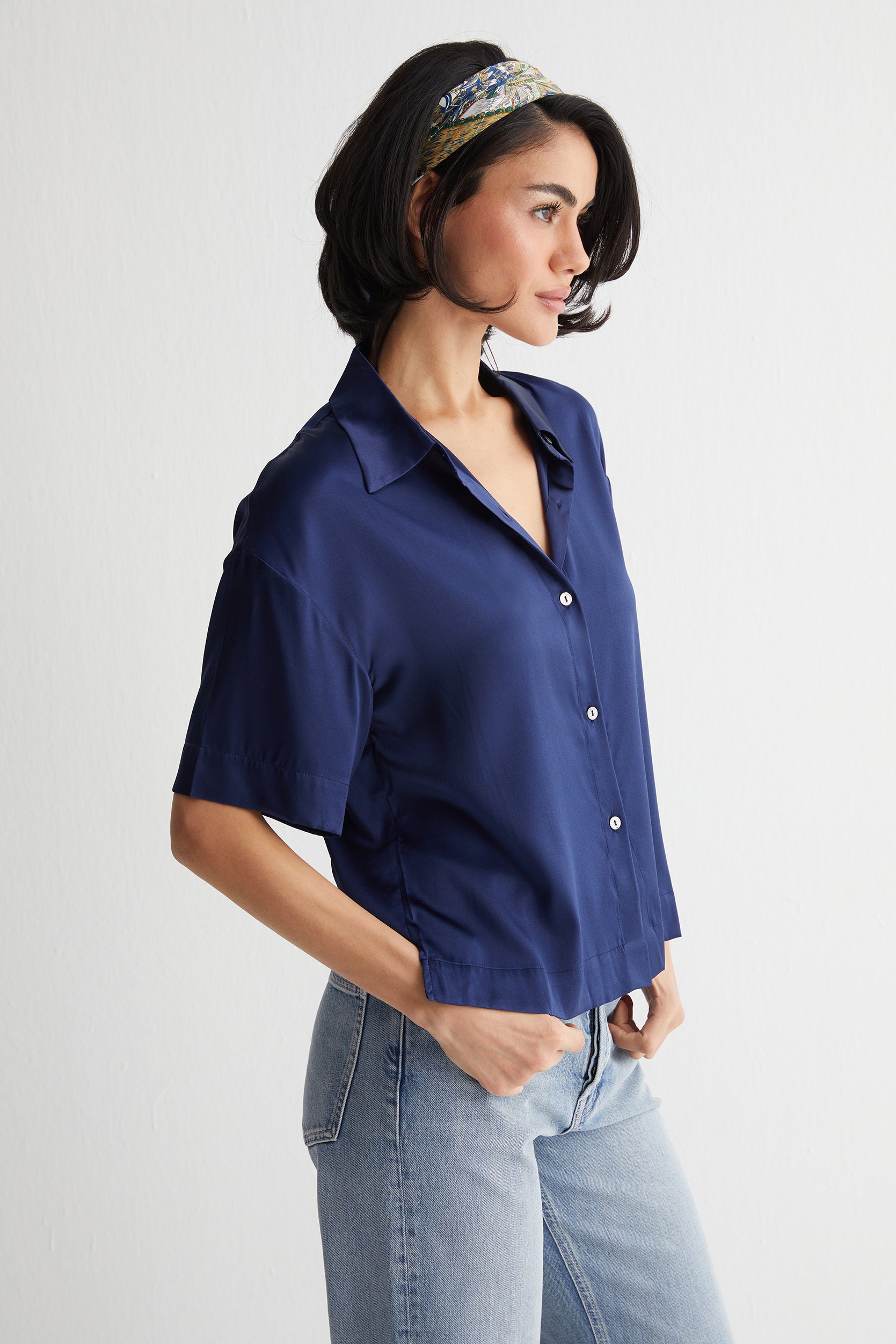 Lacivert Toscana İpek Kısa Kollu Gömlek