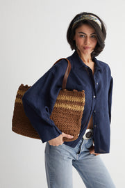 Kahverengi Nina Renkli Çizgili Rafya Çanta 42x31x11cm