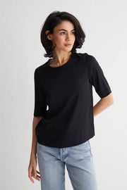 Siyah Toscana İpek Yuvarlak Yaka Yarım Kollu Bluz