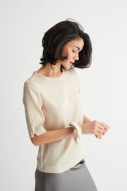 Bej Toscana İpek Yuvarlak Yaka Yarım Kollu Bluz