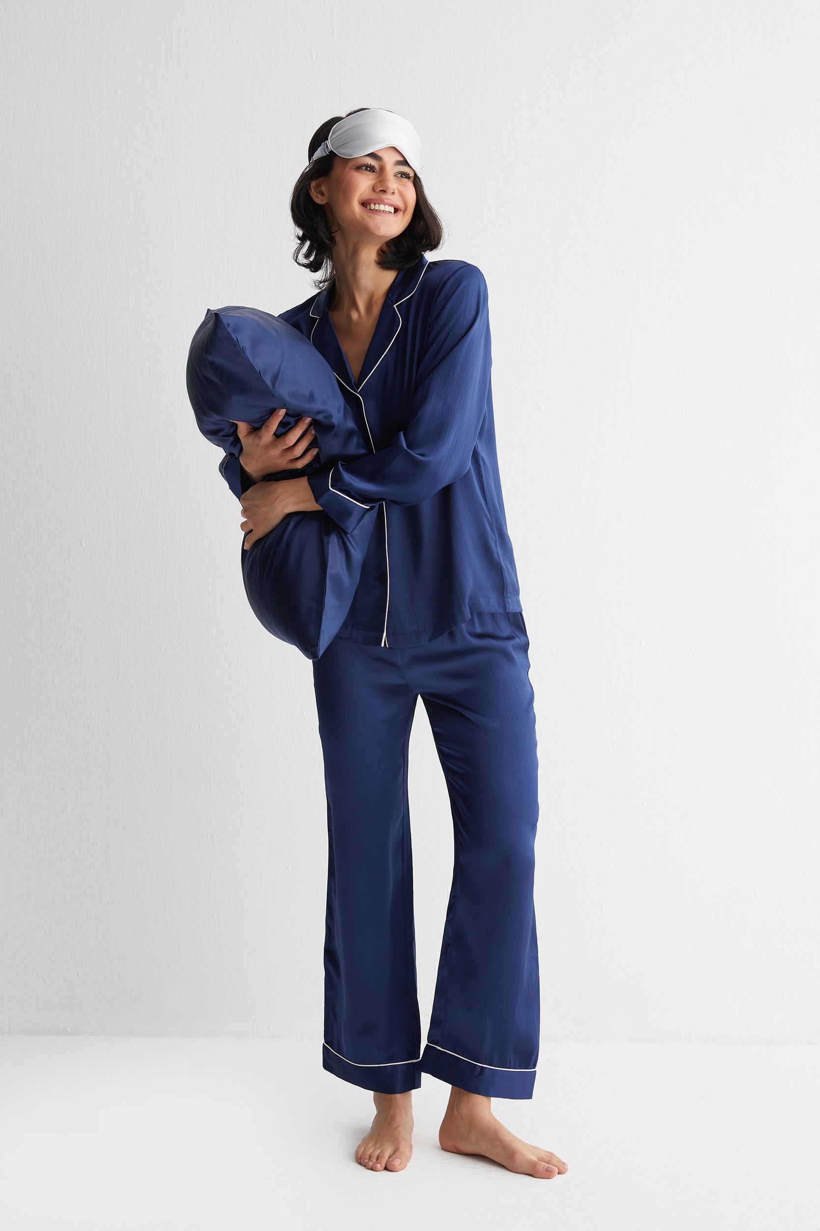 Lacivert Mindy Saf İpek Pijama Seti