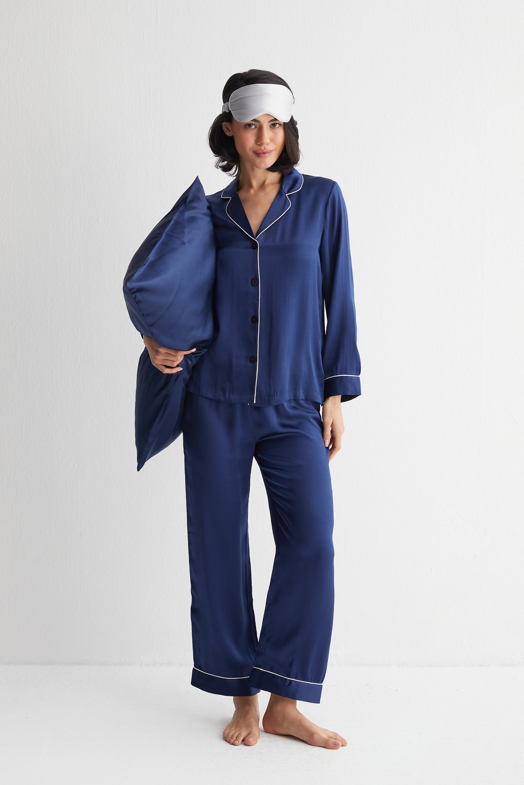 Lacivert Mindy Saf İpek Pijama Seti