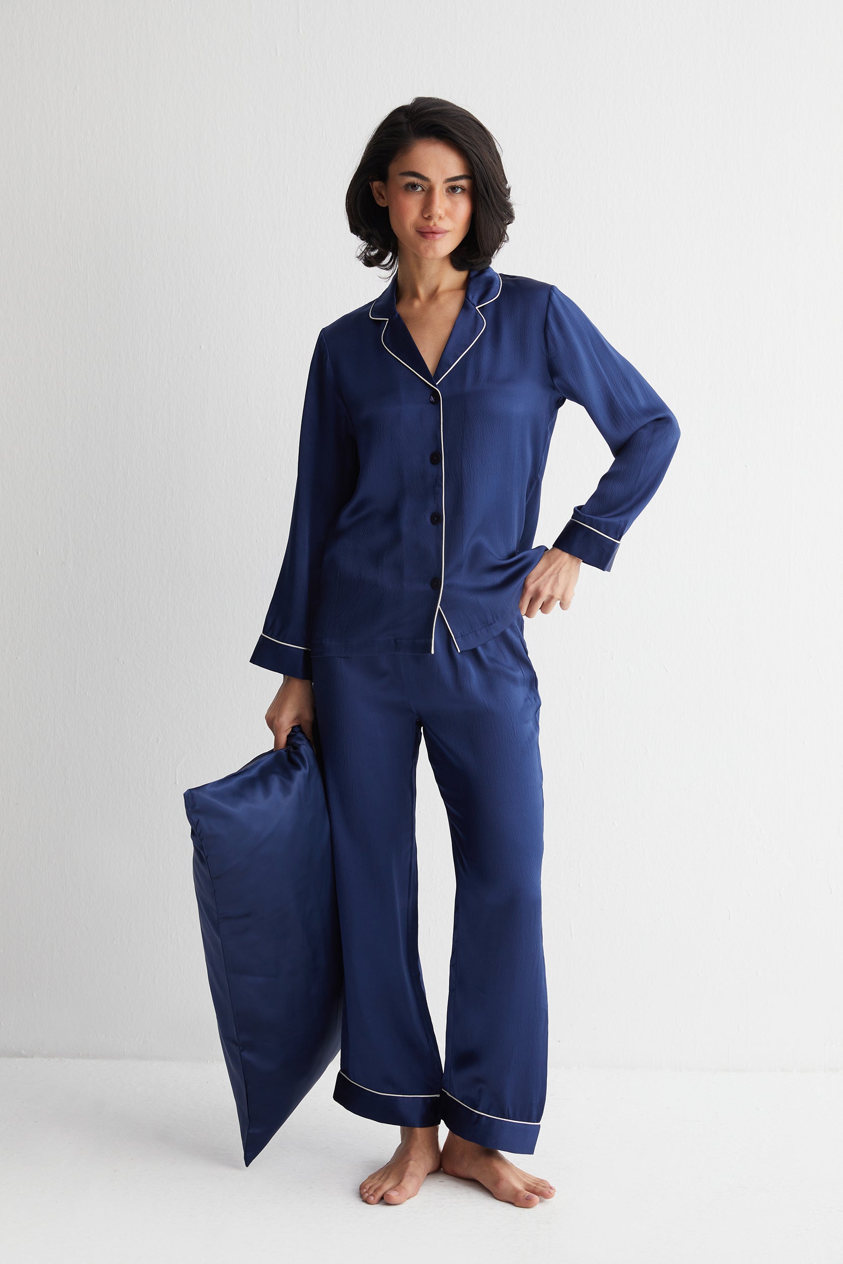 Lacivert Mindy Saf İpek Pijama Seti