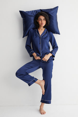 Lacivert Mindy Saf İpek Pijama Seti