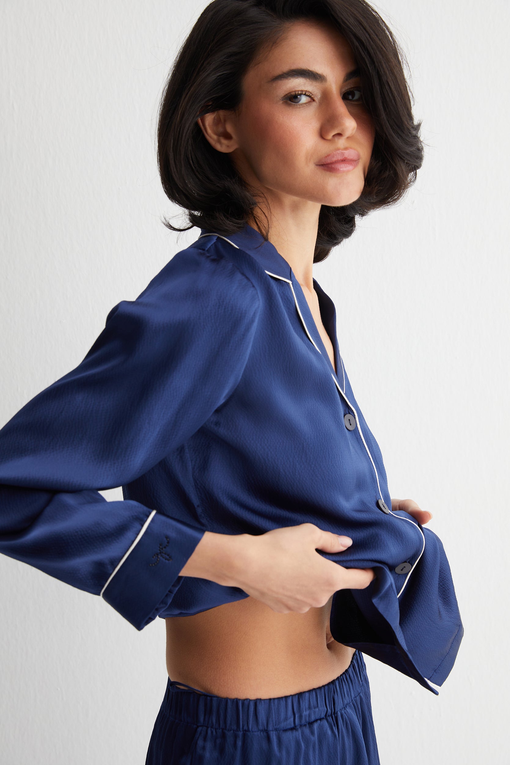 Lacivert Mindy Saf İpek Pijama Seti