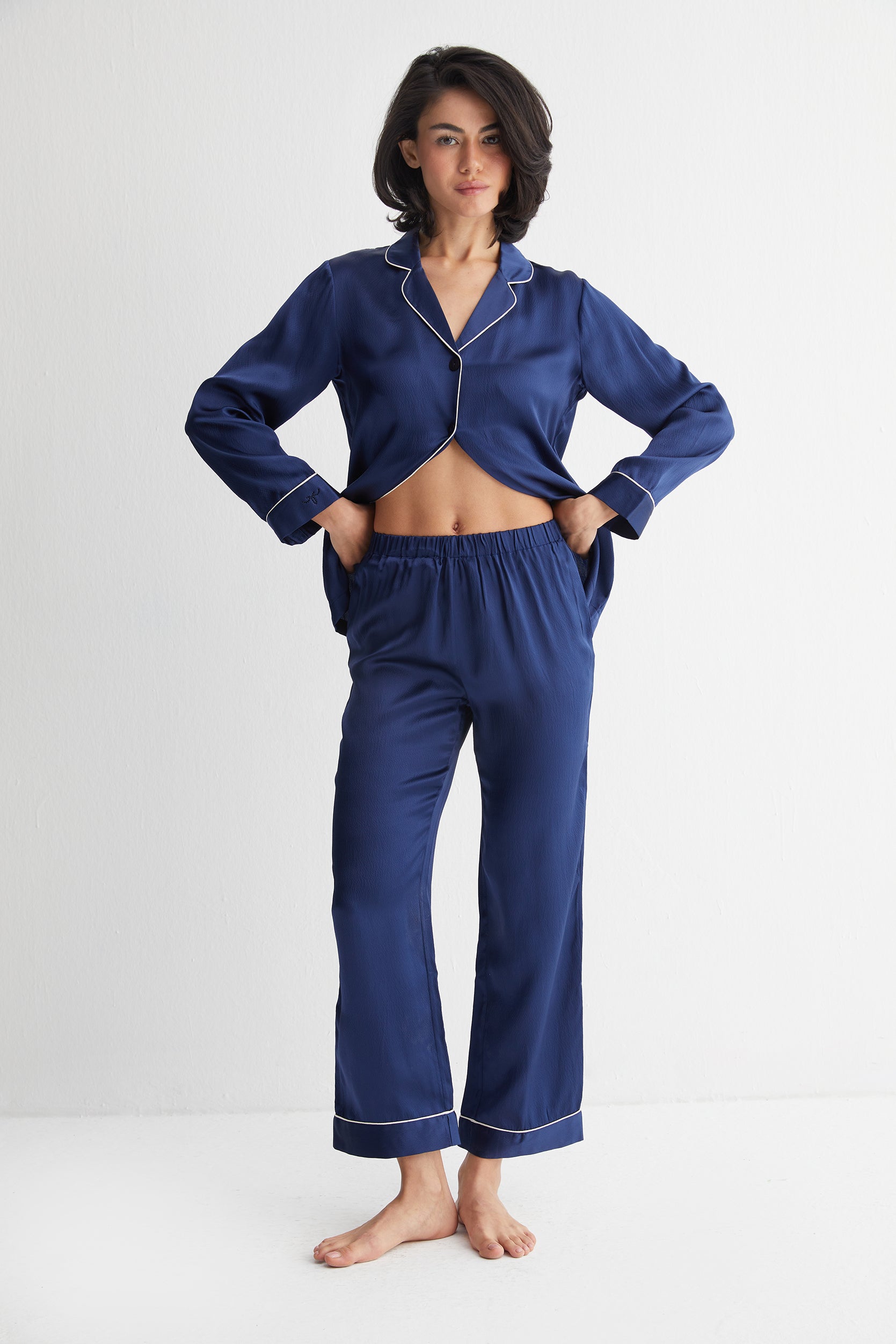 Lacivert Mindy Saf İpek Pijama Seti